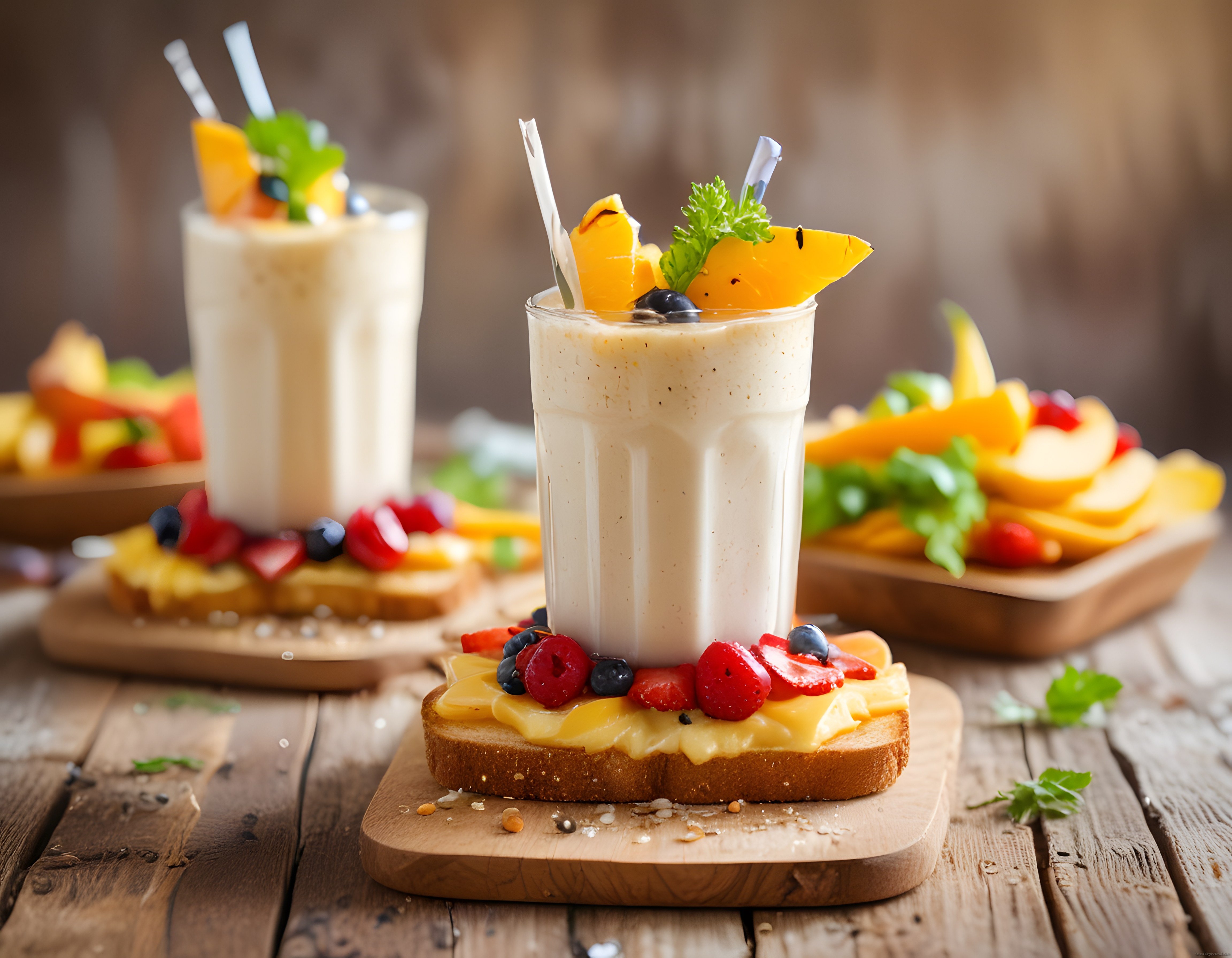 ahşap tabakta şeftali smoothie ve meyveli kızarmış ekmek kahvaltısı