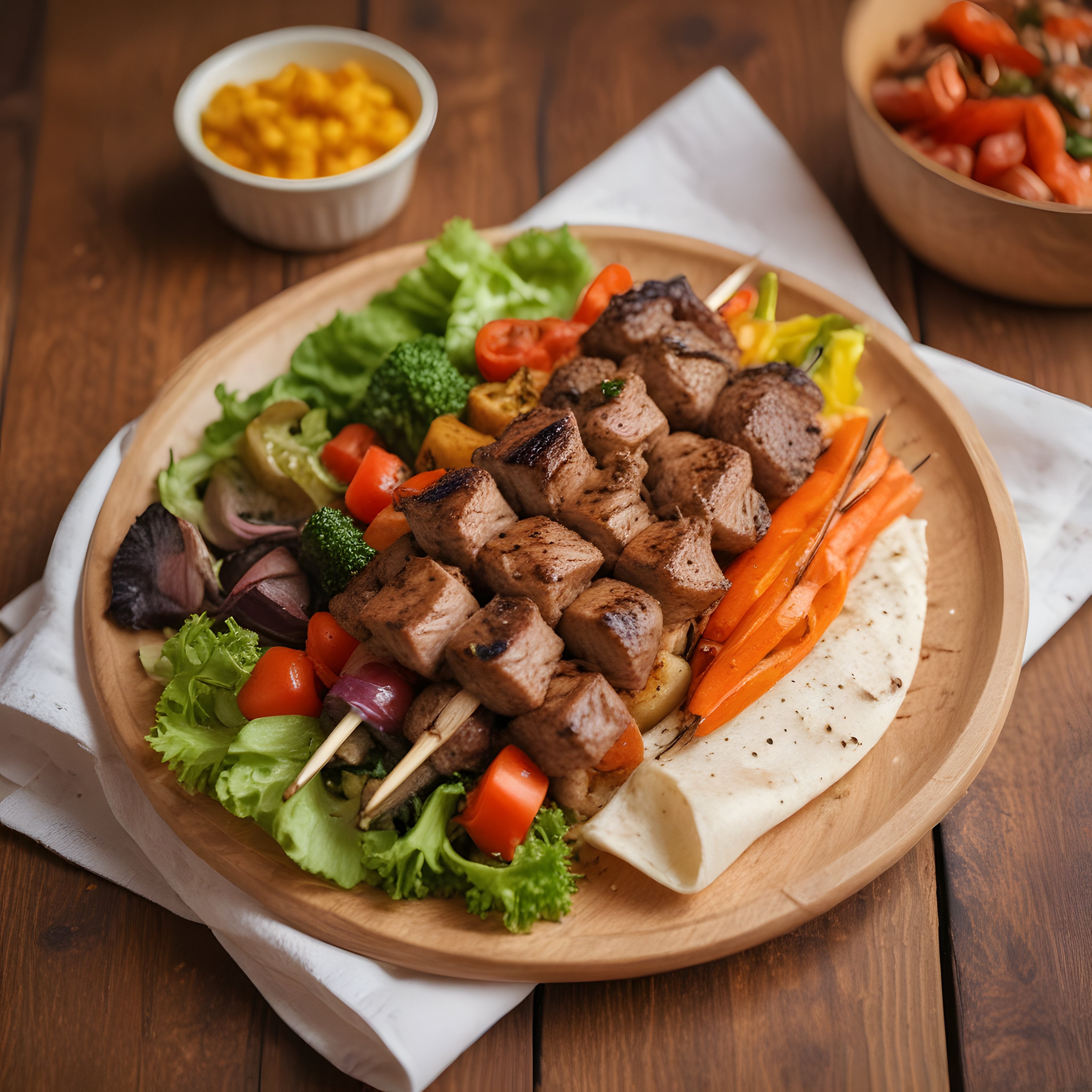 Ahşap tabakta şiş et, renkli sebzeler ve lavaş ile nefis ana yemek sunumu