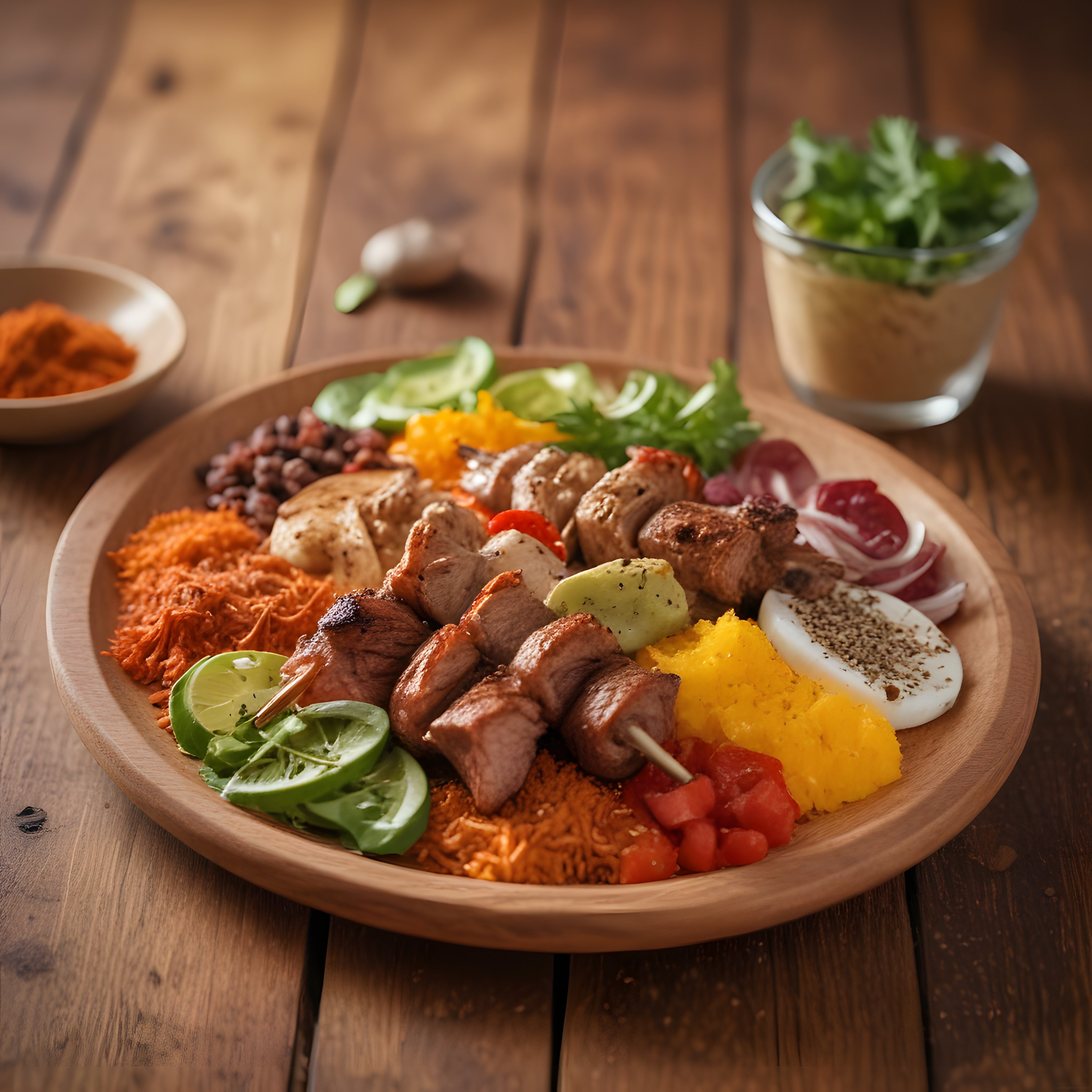 Ahşap tabakta şiş kebap ve garnitürlerle hazırlanmış geleneksel ızgara tabağı