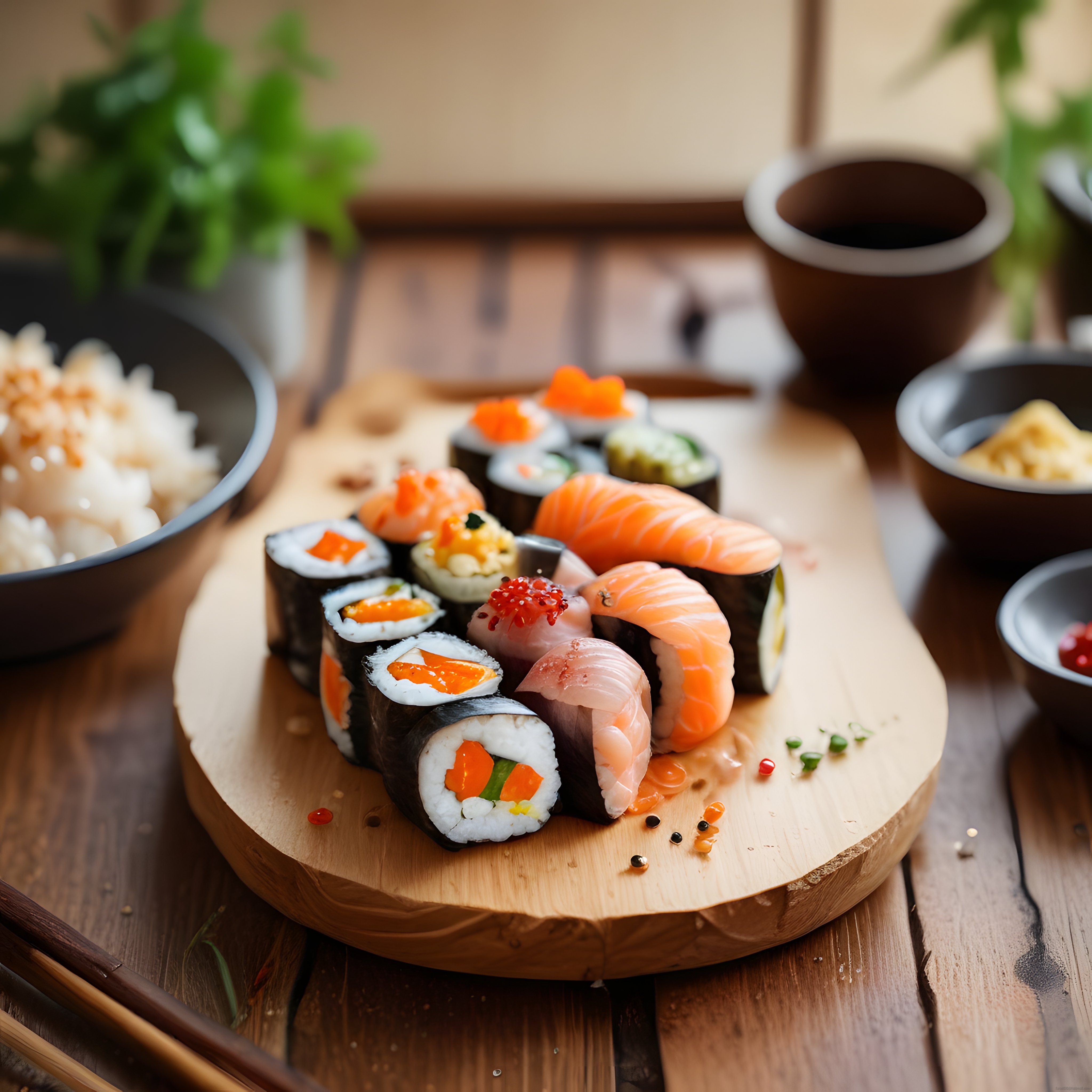Ahşap tabakta somon ve rulo sushi tabağı