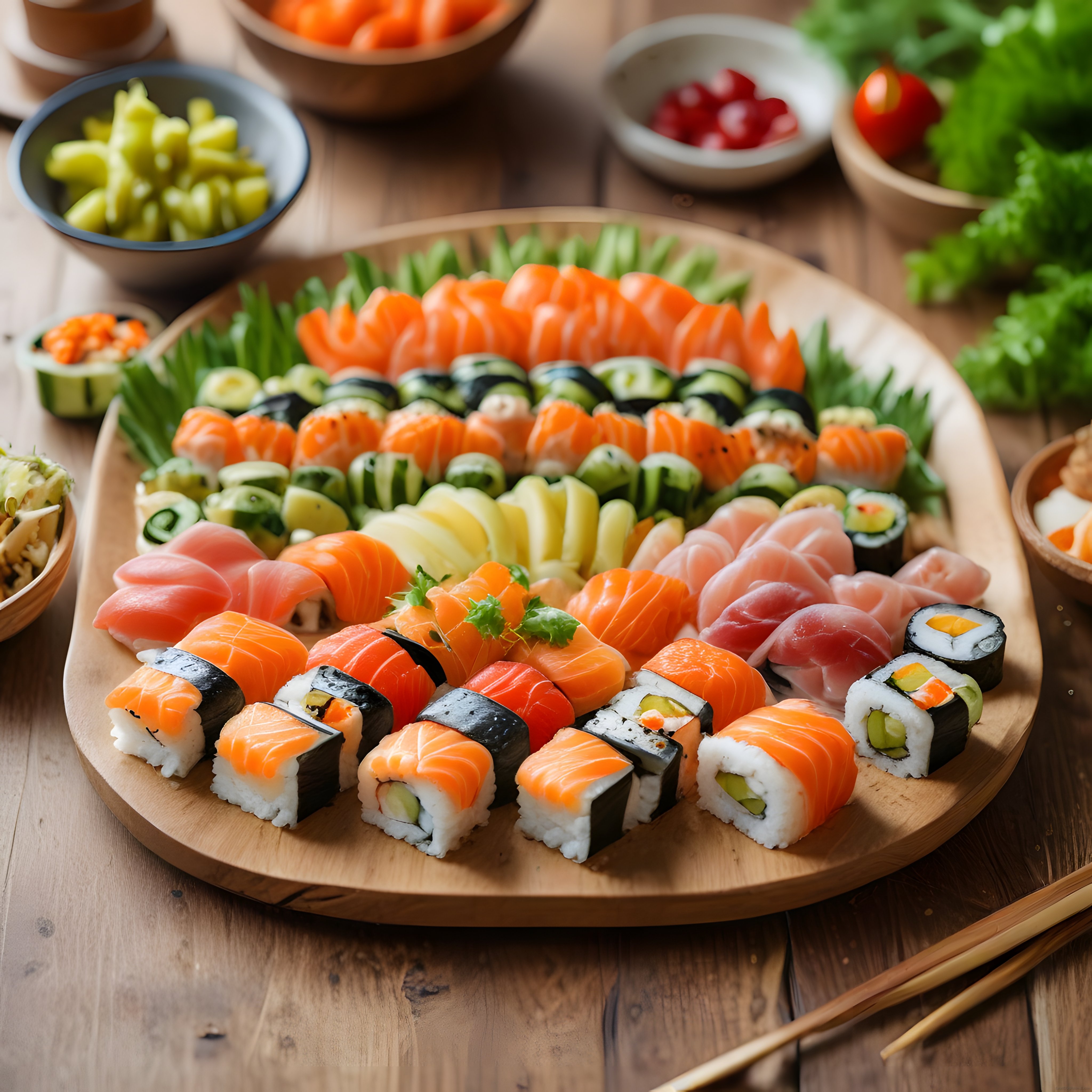 Ahşap Tabakta Somonlu Nigiri ve Taze Sashimi ile Japon Sushi Çeşitleri