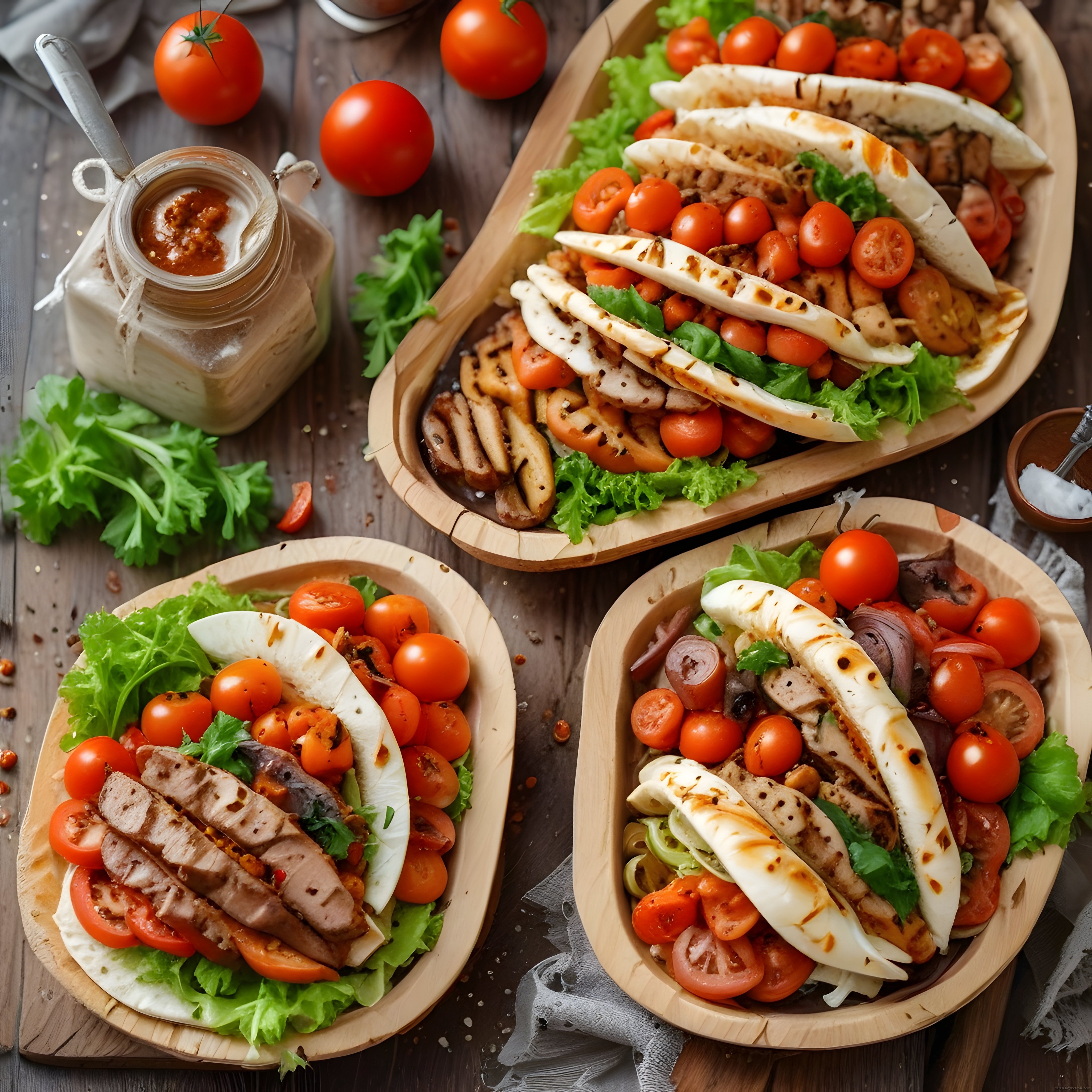 Ahşap Tabakta Soslu Tavuklu ve Etli Tacos: Taze Malzemeli Meksika Lezzeti