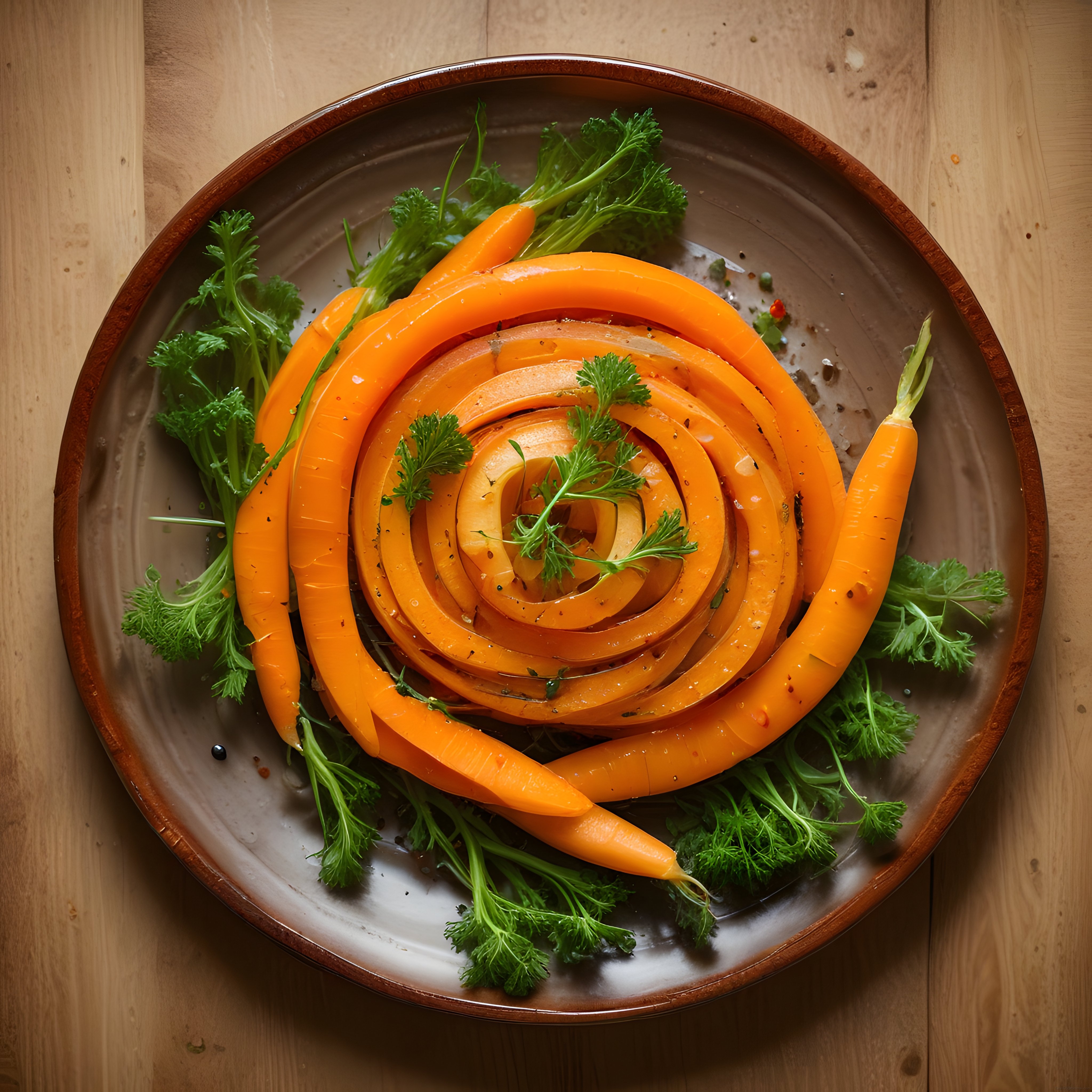 Ahşap Tabakta Spiral Havuç Dilimleri ve Taze Otlar ile Vegan Sunum
