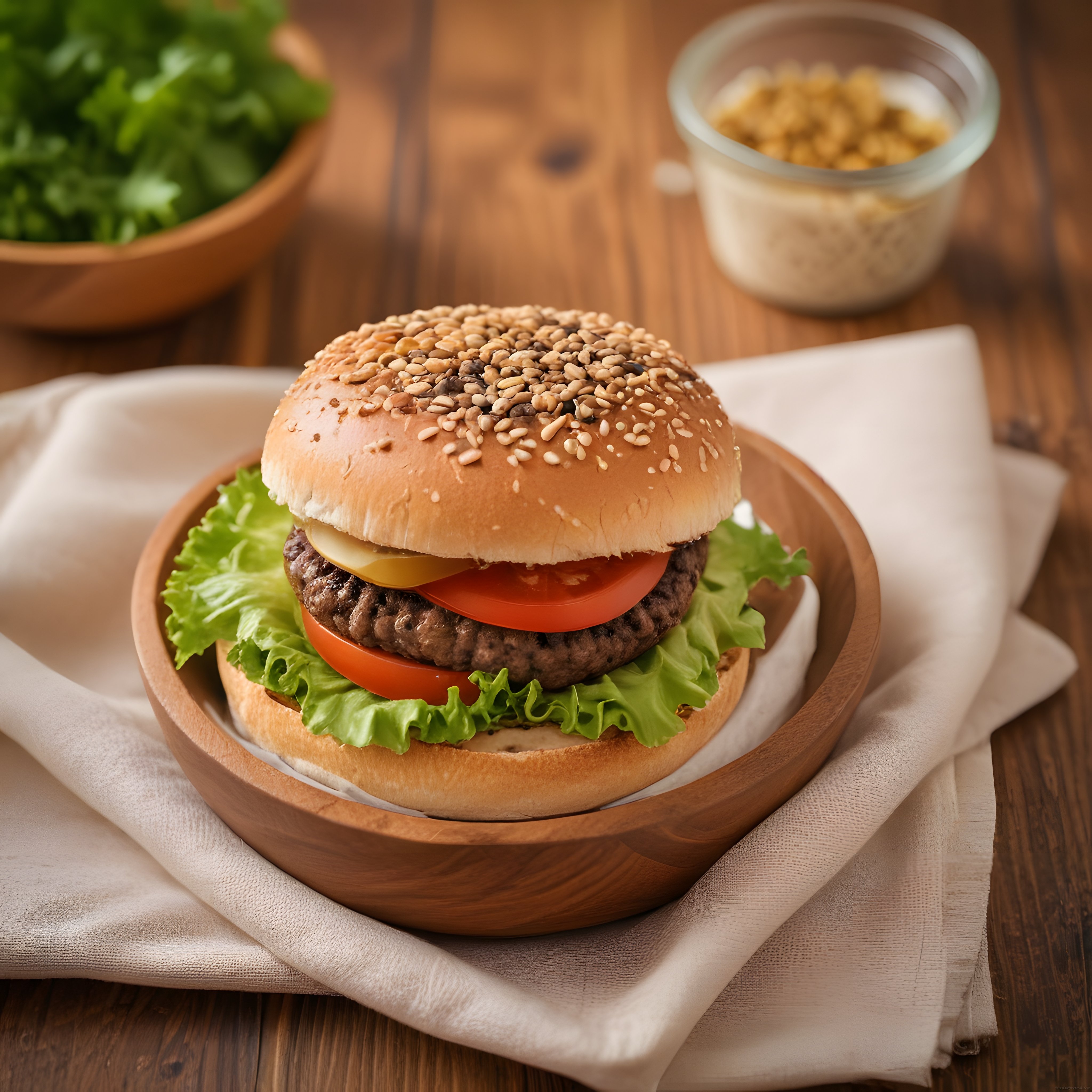 Ahşap Tabakta Sunulan Susamlı Ekmek Arası Ev Yapımı Hamburger Tarifi