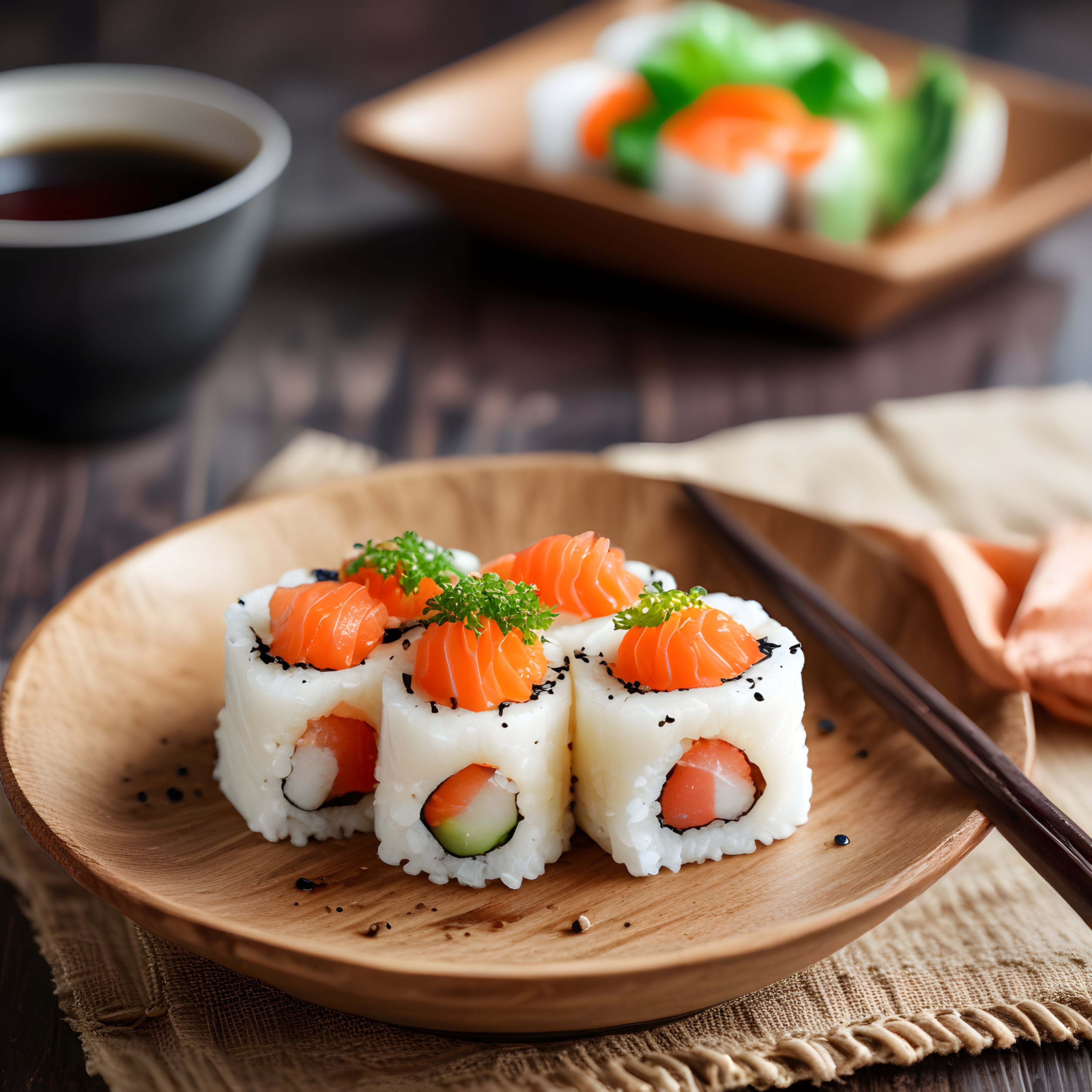Ahşap Tabakta Sunulan Taze Somonlu Sushi ve Japon Mutfağı Lezzeti