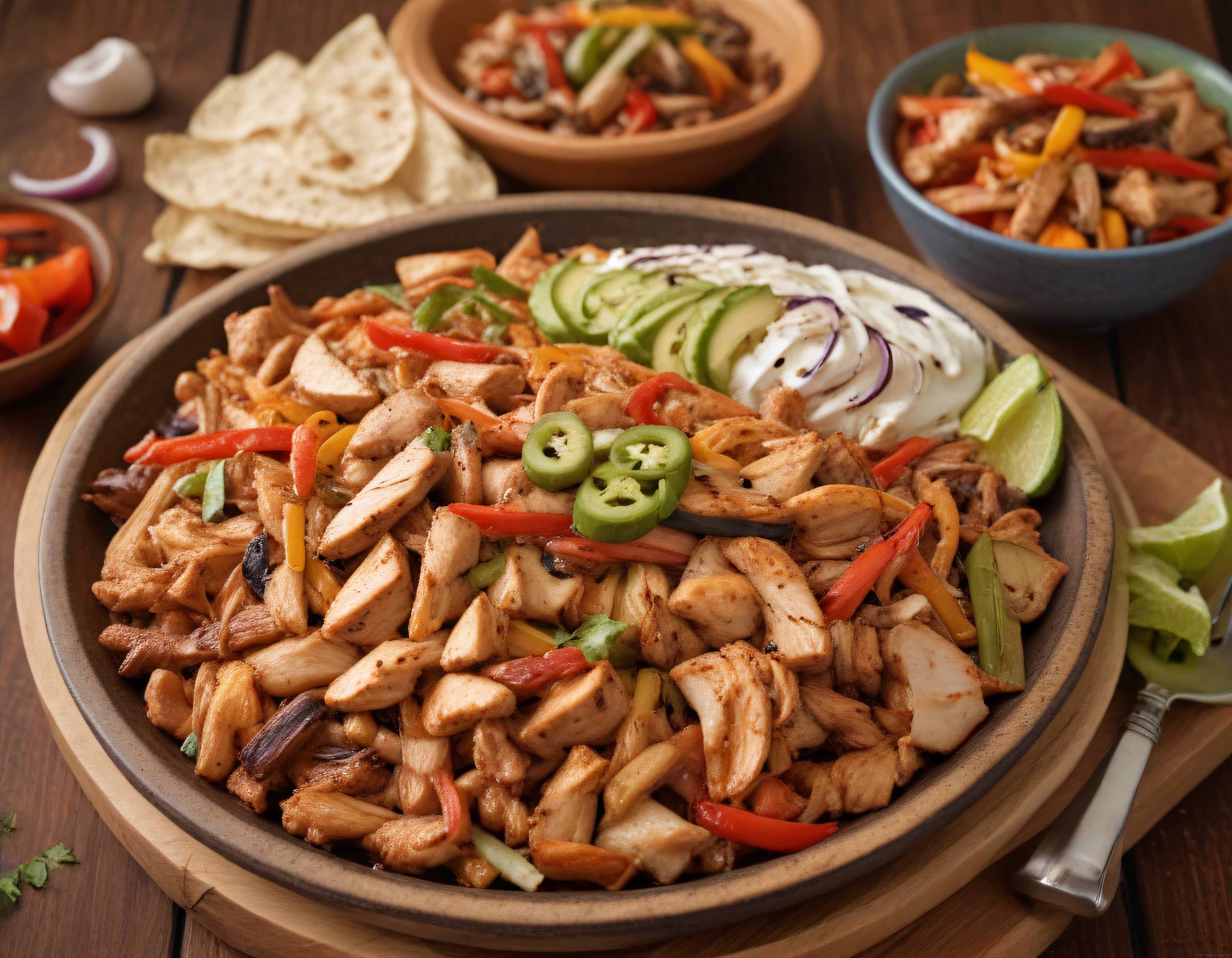 Ahşap Tabakta Tavuk Fajita Tarifi: Renkli Biber, Avokado ve Tortilla
