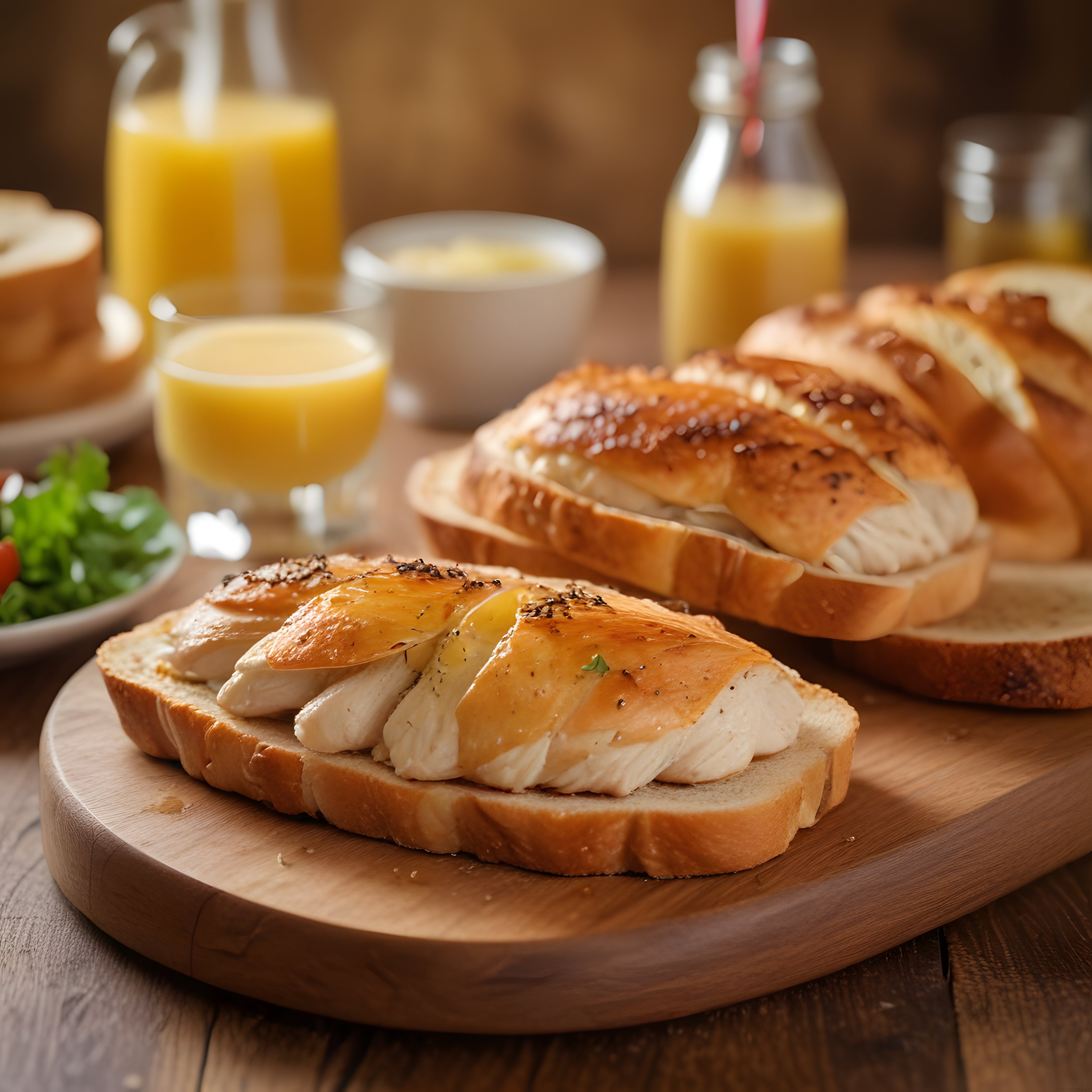 Ahşap Tabakta Tavuklu Tost ve Taze Portakal Suyuyla Kahvaltı Sunumu
