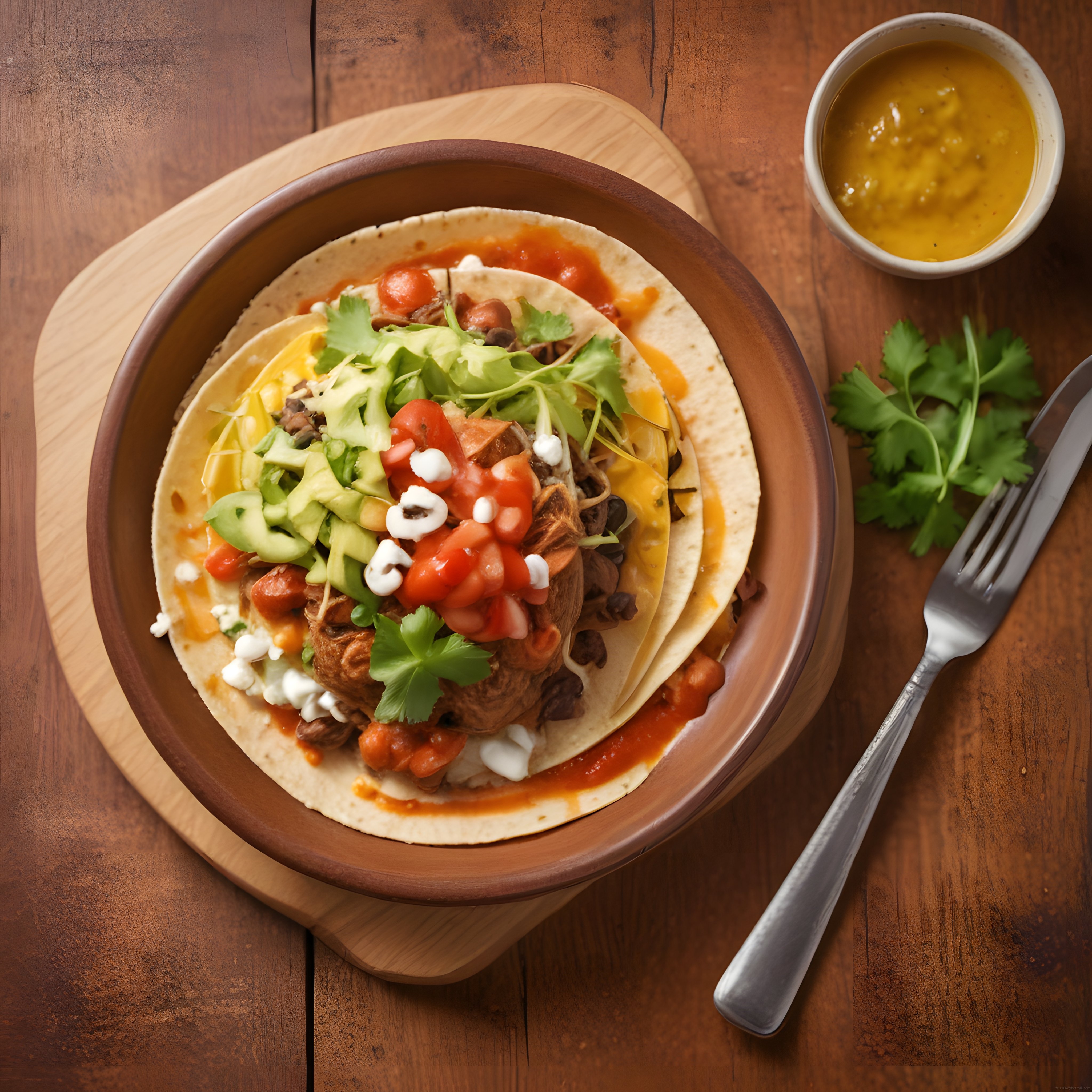Ahşap tabakta taze avokado, domates ve kişnişle hazırlanmış nefis taco sunumu