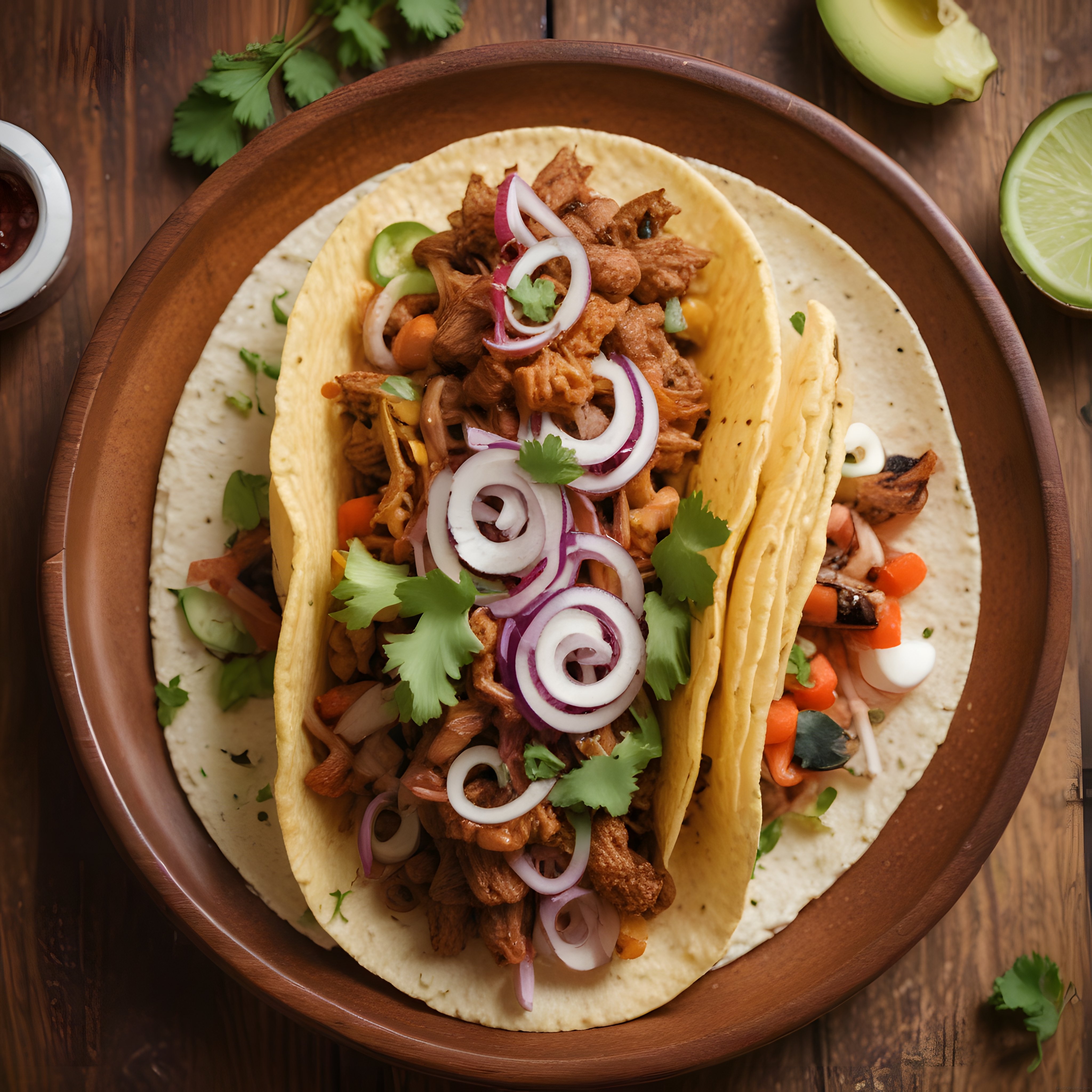 Ahşap Tabakta Taze Kişniş ve Kırmızı Soğanlı Meksika Taco Sunumu