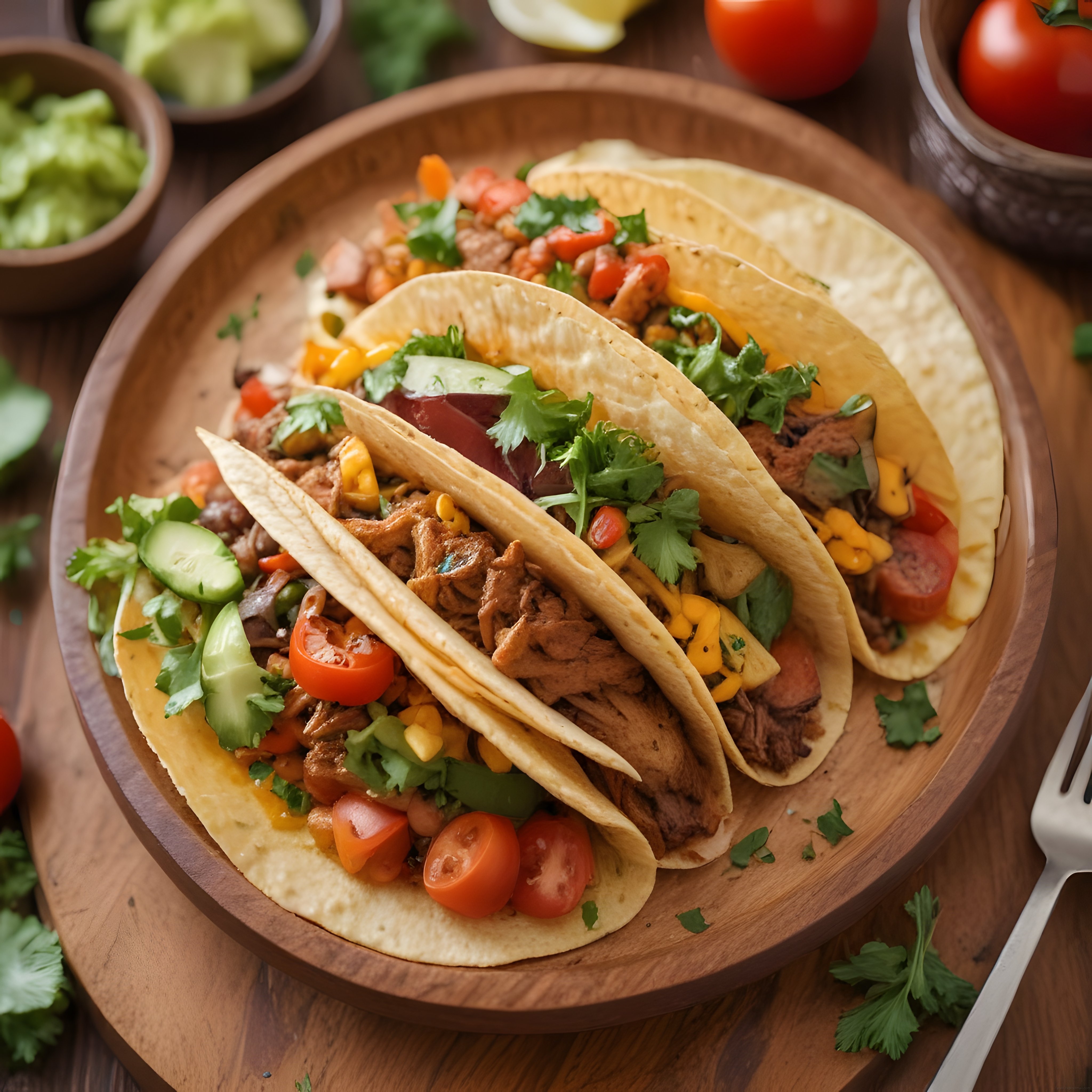 Ahşap Tabakta Taze Sebzeler ve Et ile Sunulan Meksika Taco Trio