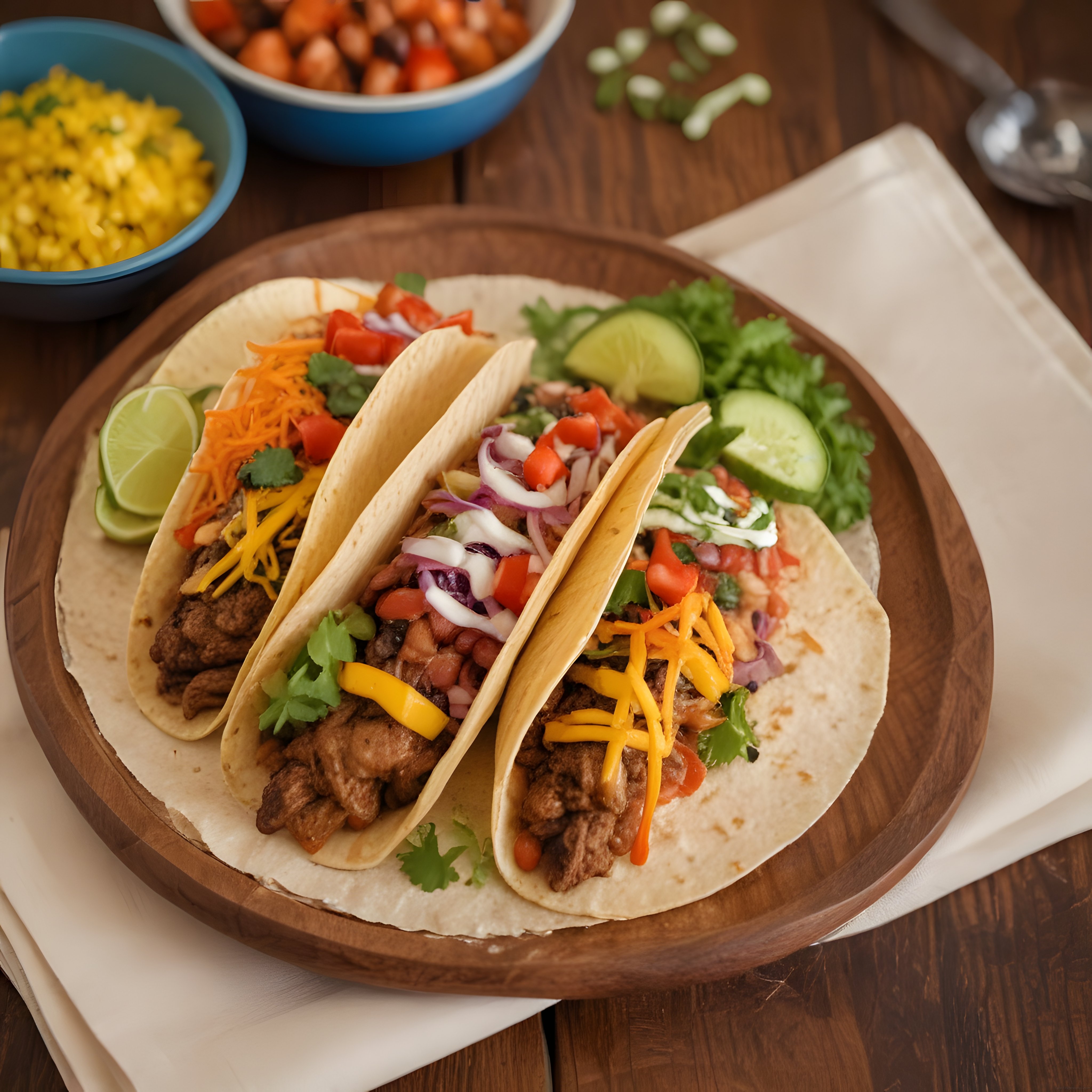 Ahşap Tabakta Taze Sebzelerle Süslenmiş Baharatlı Meksika Et Tacos