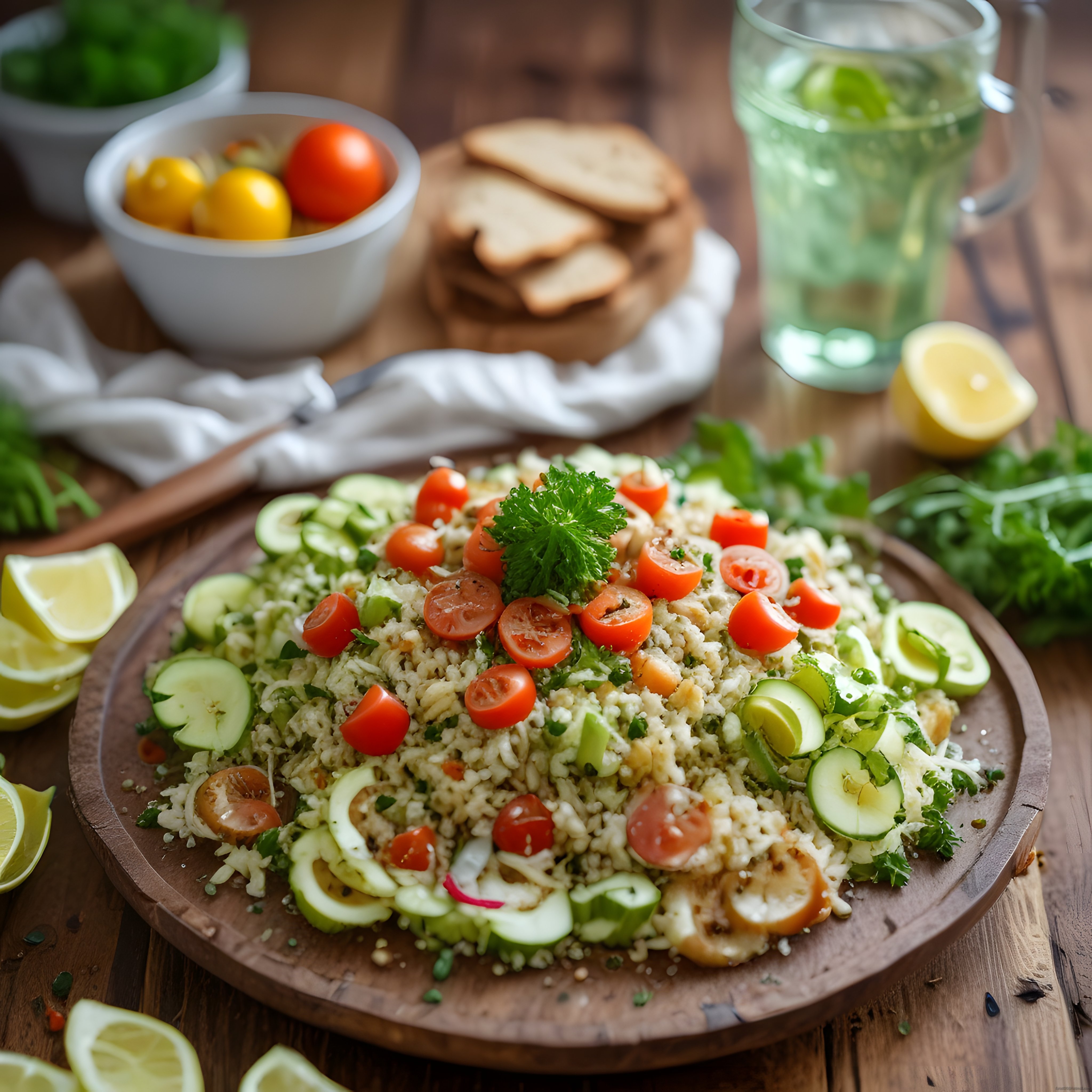 Ahşap tabakta taze sebzeli bulgur salatası, limon ve naneli su ile rustik sunum