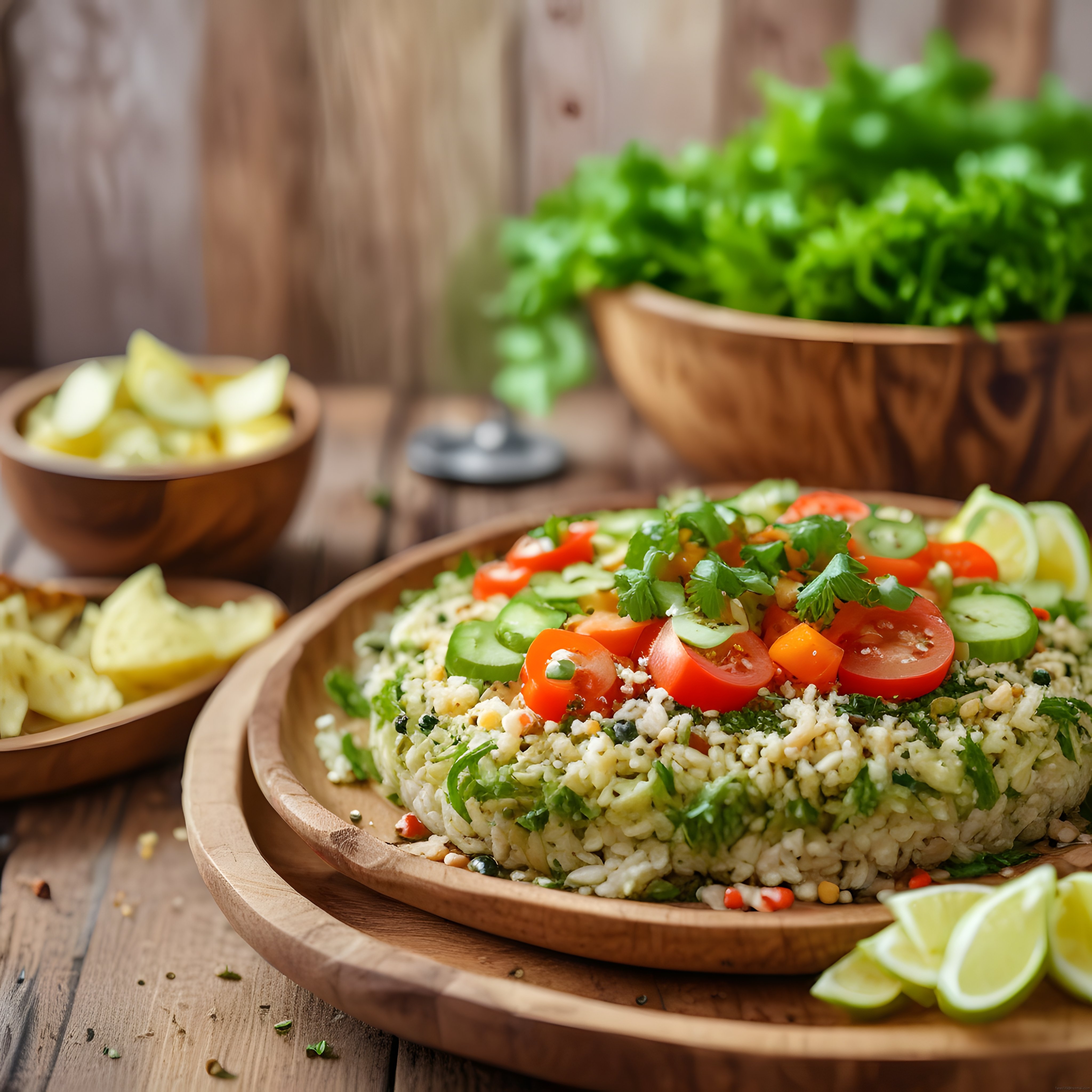 Ahşap tabakta taze sebzeli limonlu pirinç salatası ve rustik sunum