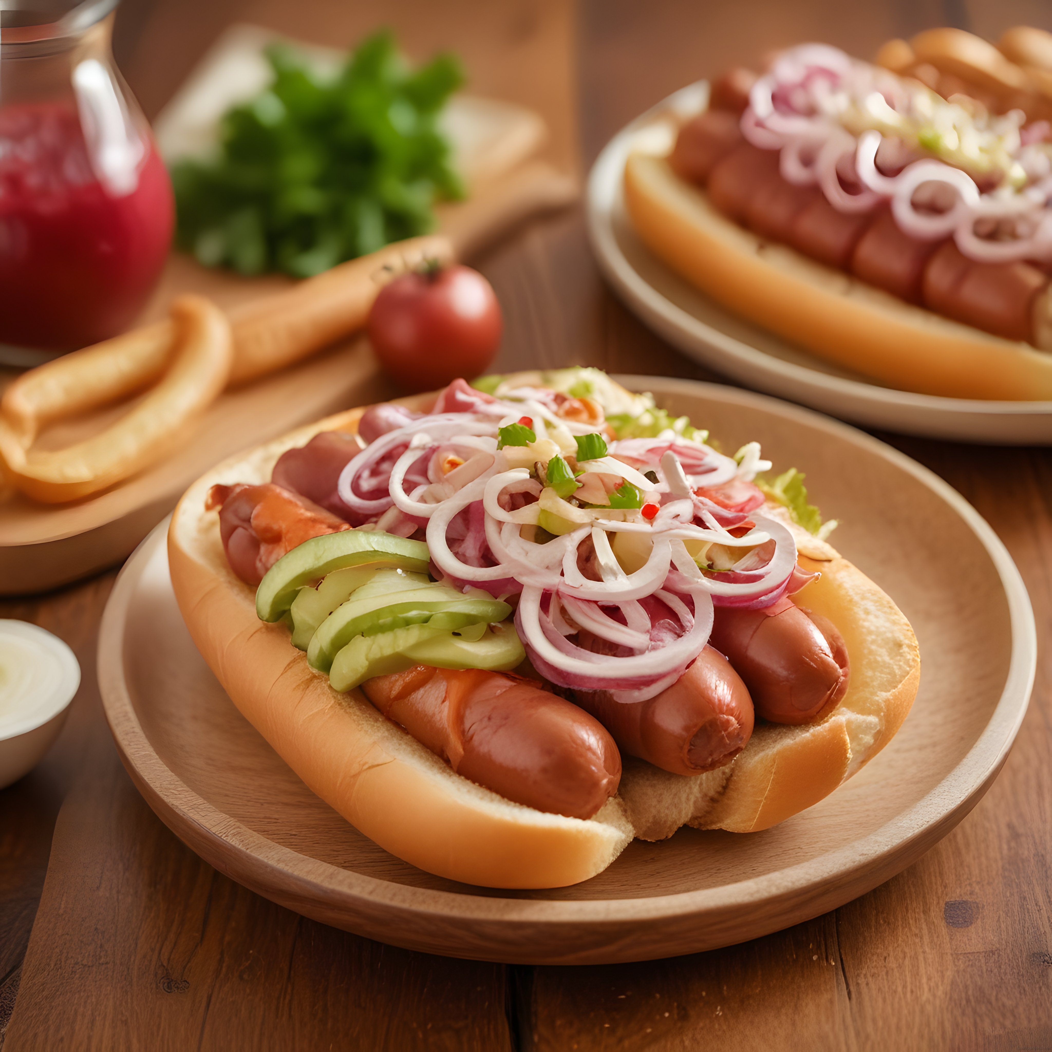 Ahşap Tabakta Taze Soğan ve Turşuyla Süslenmiş Sosisli Hot Dog