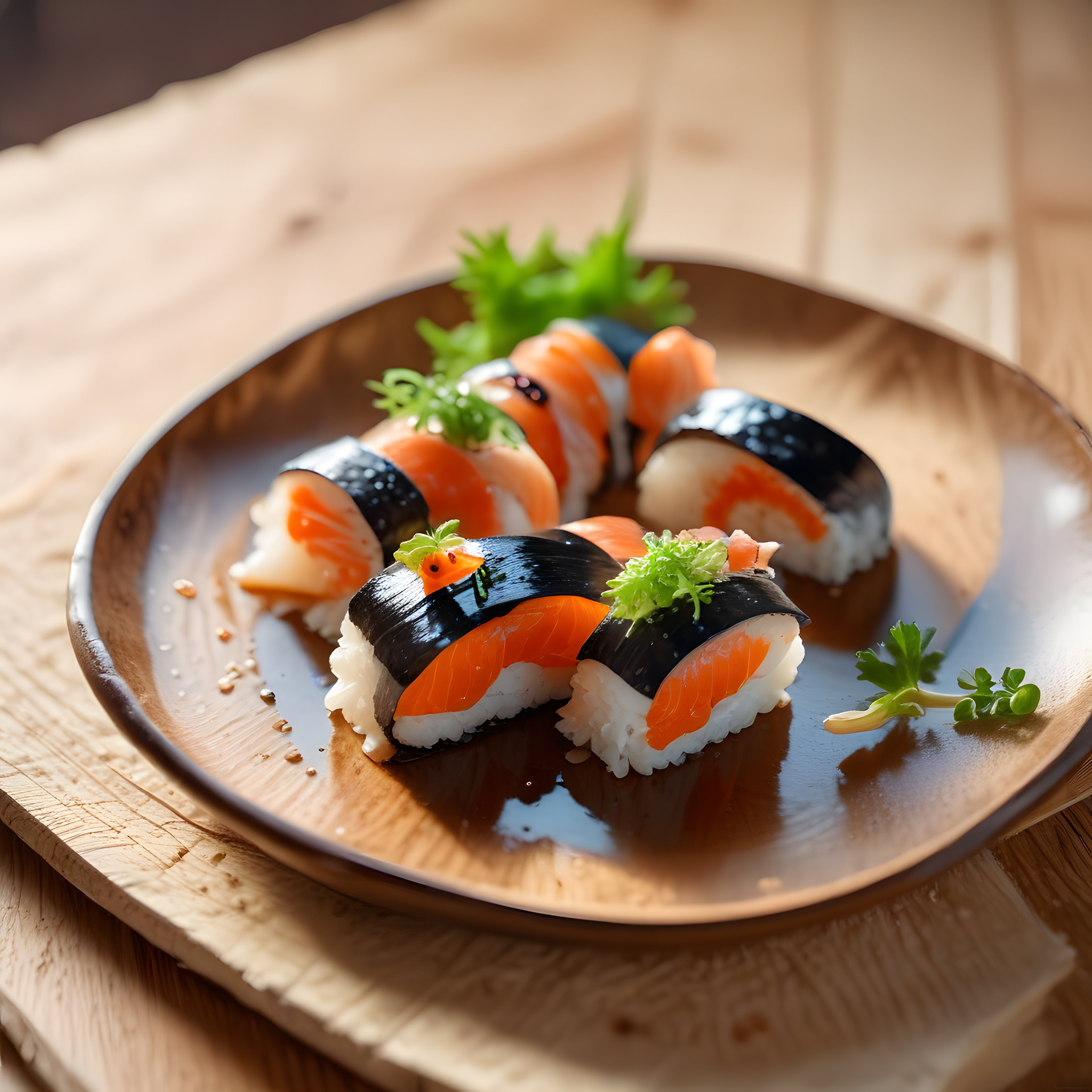 Ahşap Tabakta Taze Somon Sushi Nigiri ve Mikro Yeşilliklerle Sunum