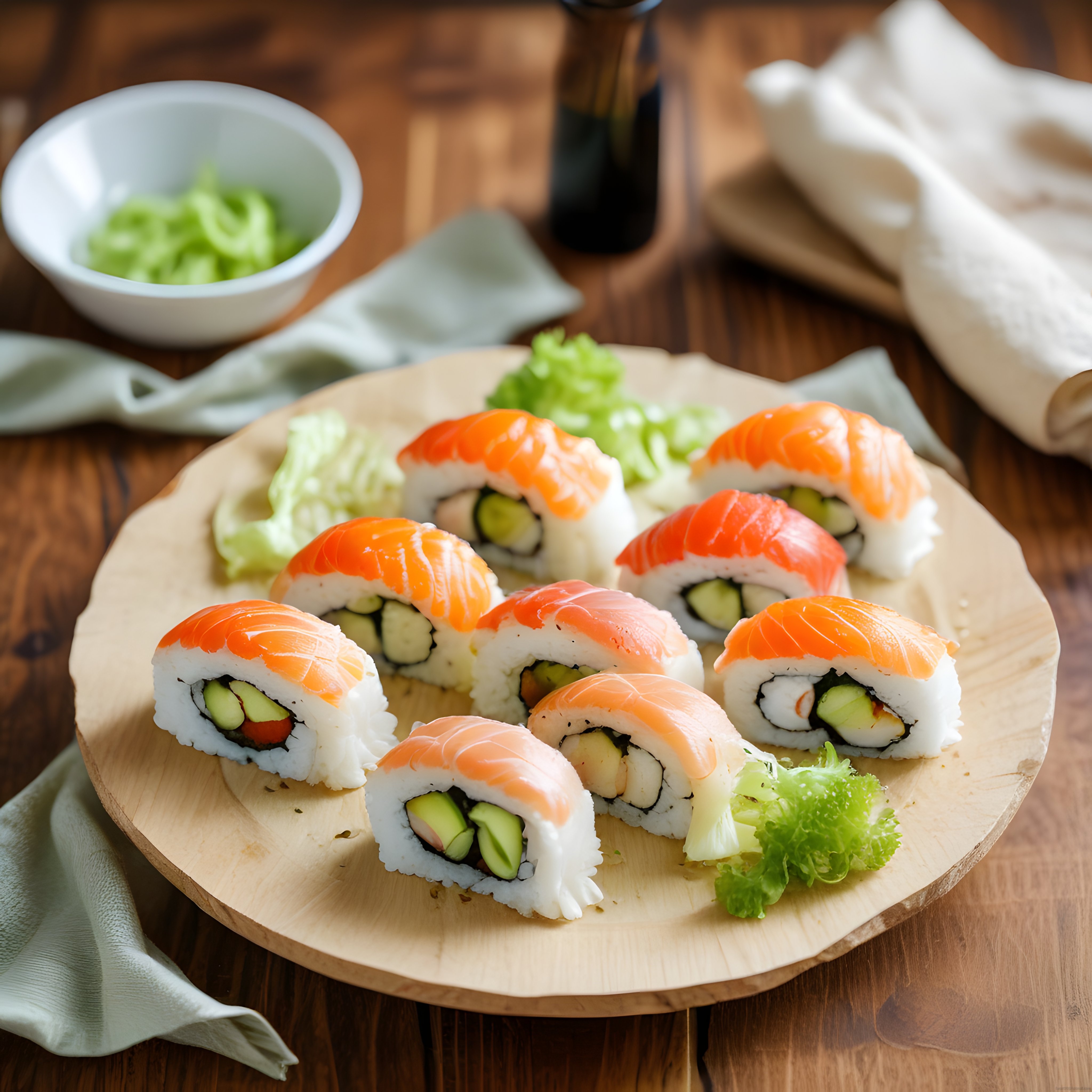 Ahşap Tabakta Taze Somonlu Sushi Ruloları ve Yeşil Wasabi Soslu Sunum