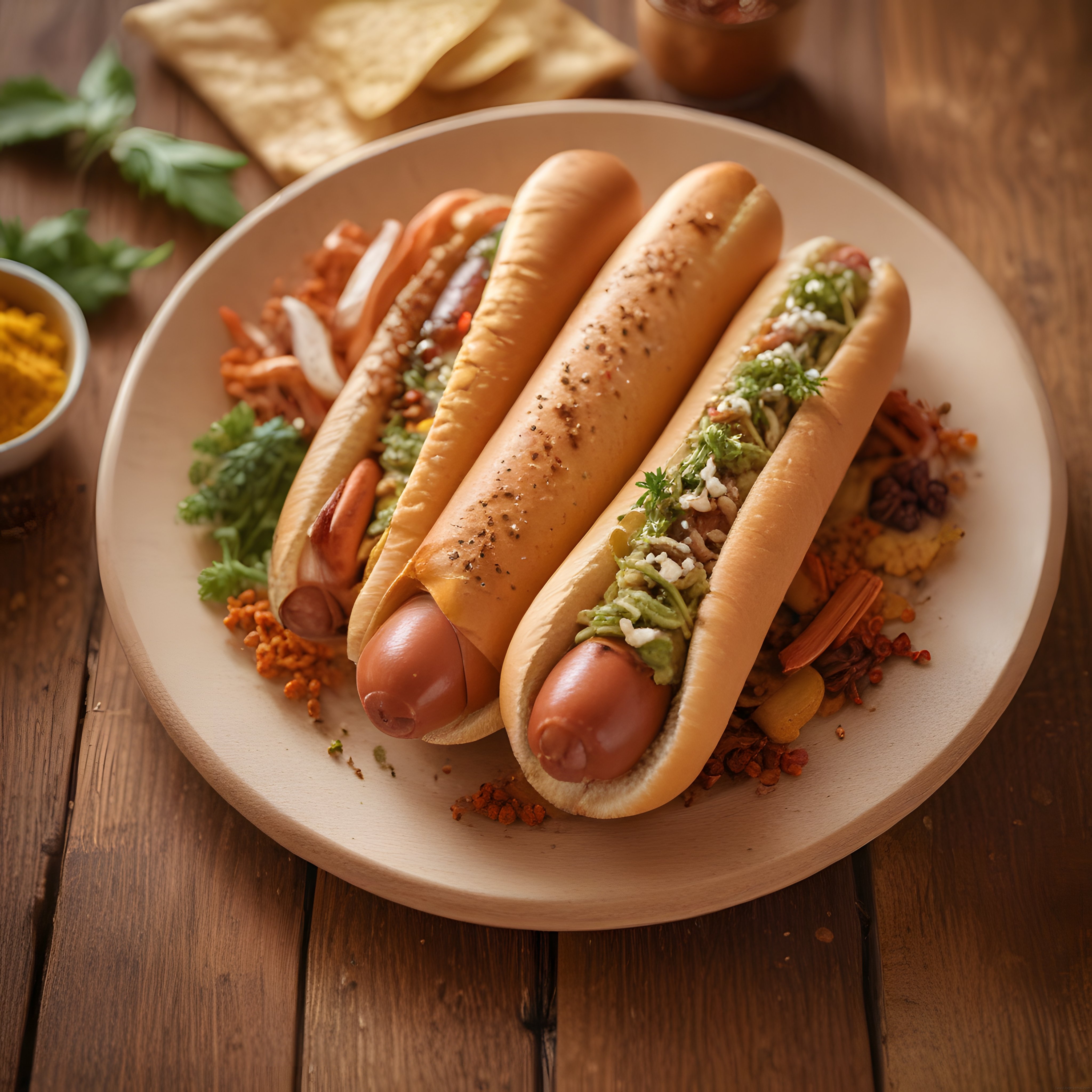 Ahşap Tabakta Üç Farklı Soslu Hot Dog ve Meksika Usulü Garnitürler