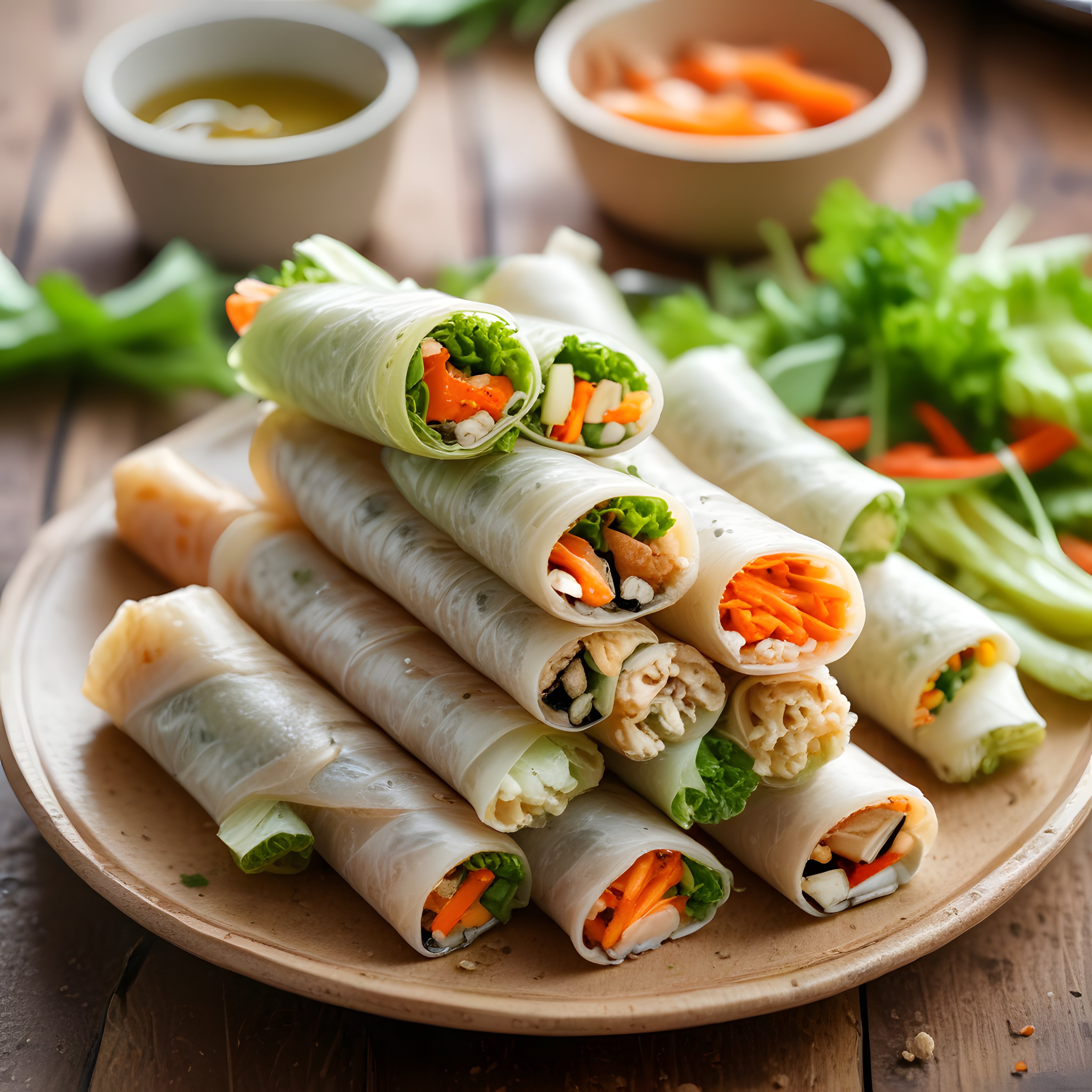 Ahşap Tabakta Üst Üste Dizilmiş Renkli Sebzeli Vietnam Bahar Ruloları