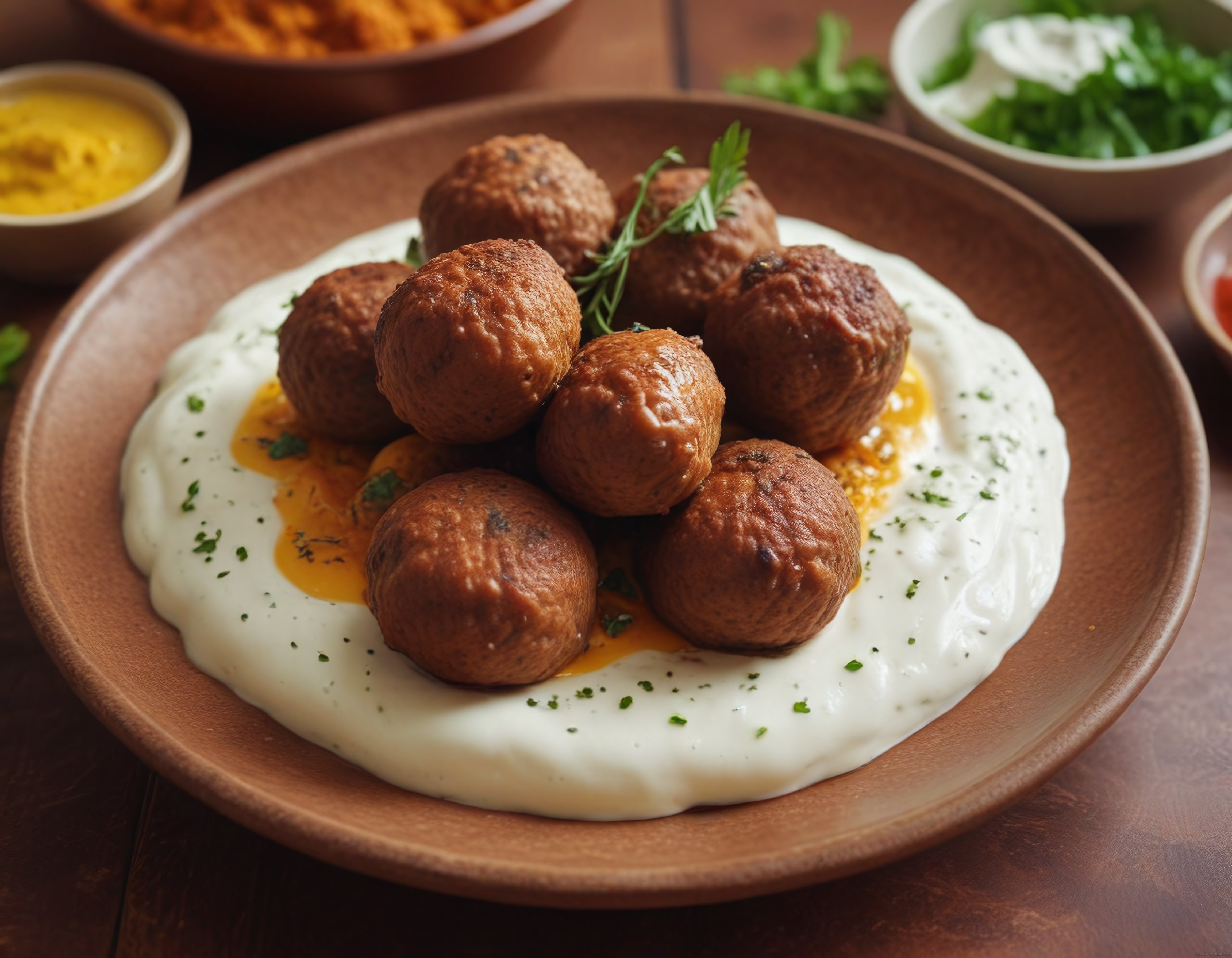 Ahşap Tabakta Yoğurt Soslu Kızarmış Köfte ve Patates Kızartması Sunumu