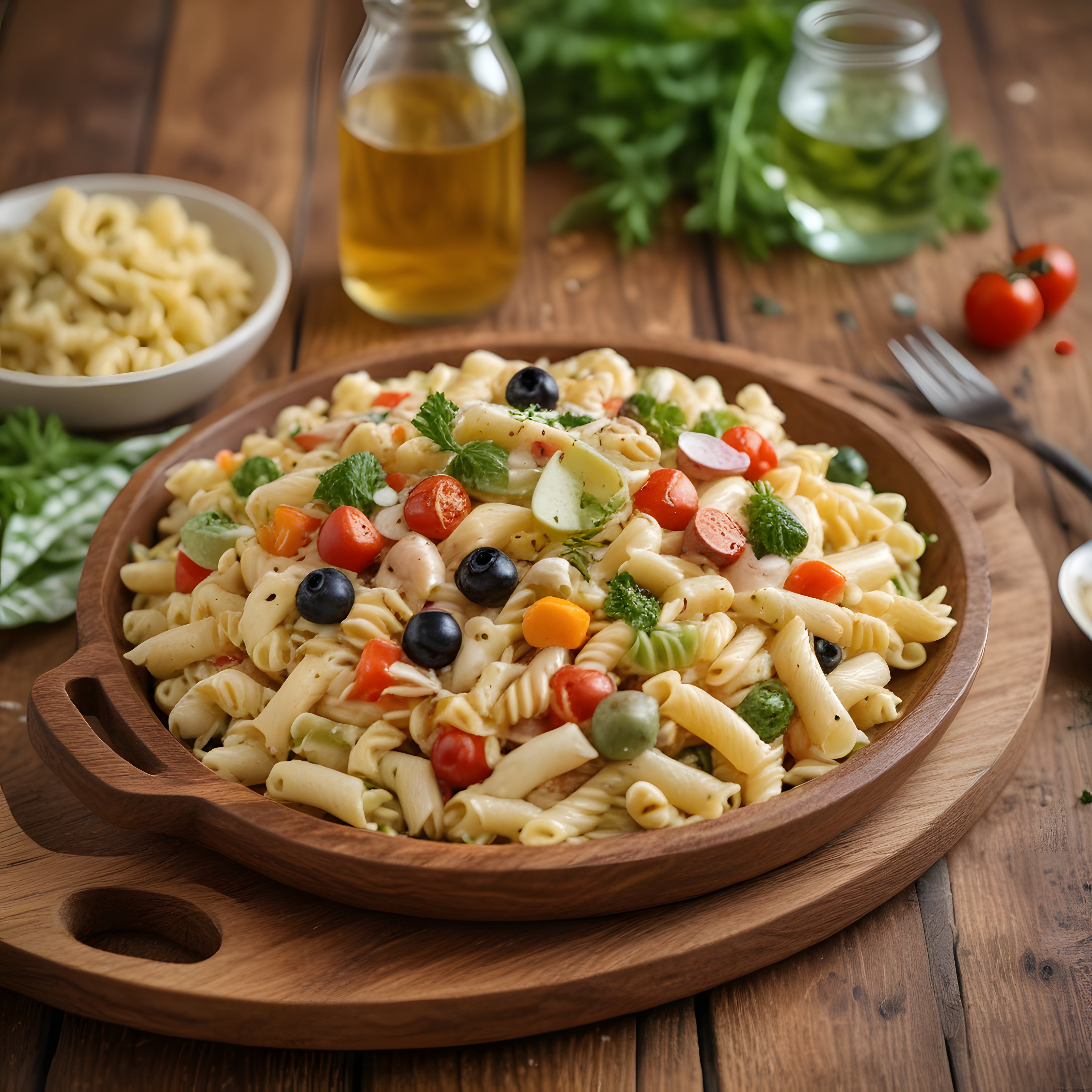 Ahşap tabakta zeytinli domatesli ve taze otlarla süslenmiş makarna salatası