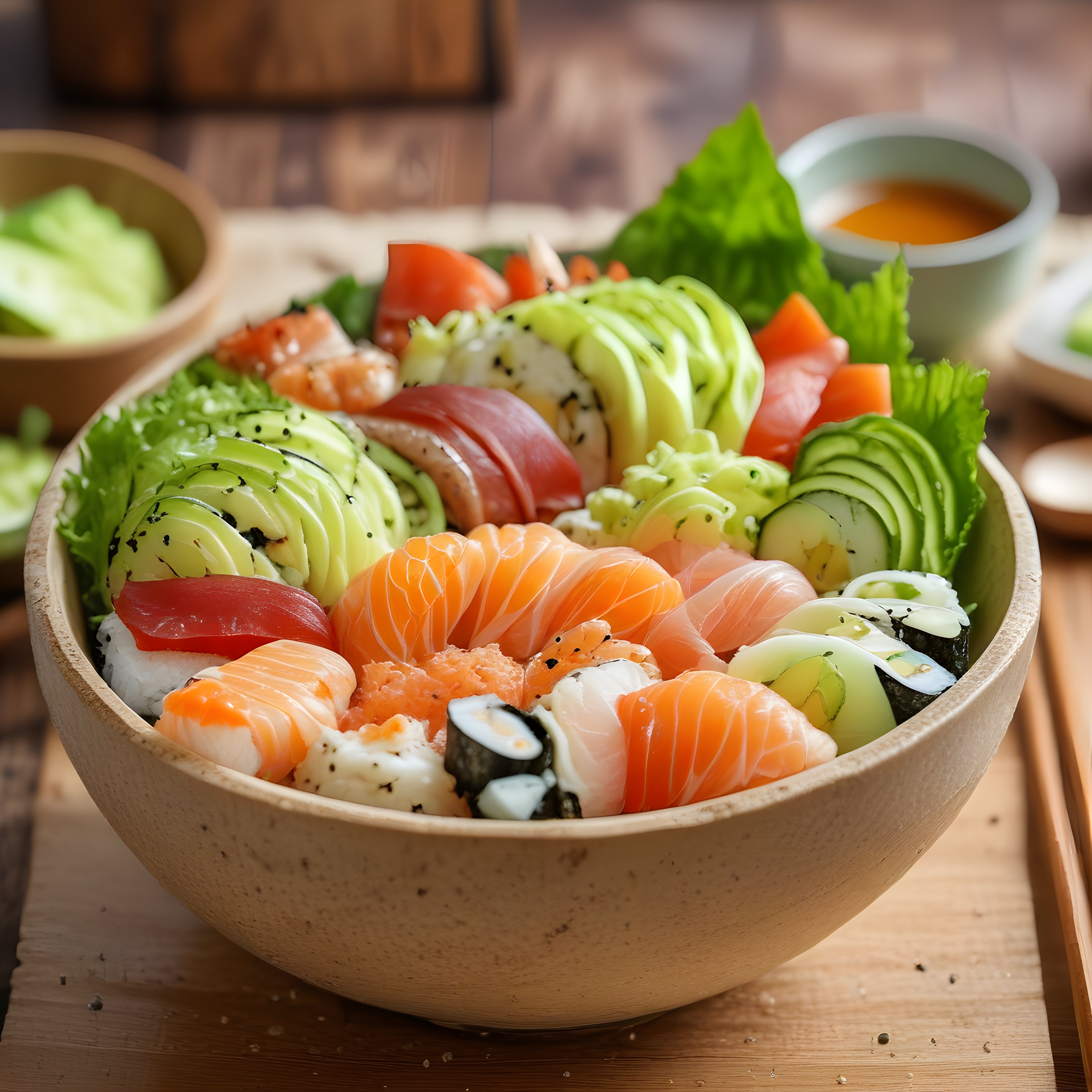 Ahşap Tabloda Sushi ve Sashimi Çeşitleriyle Avokadolu Kase Sunumu