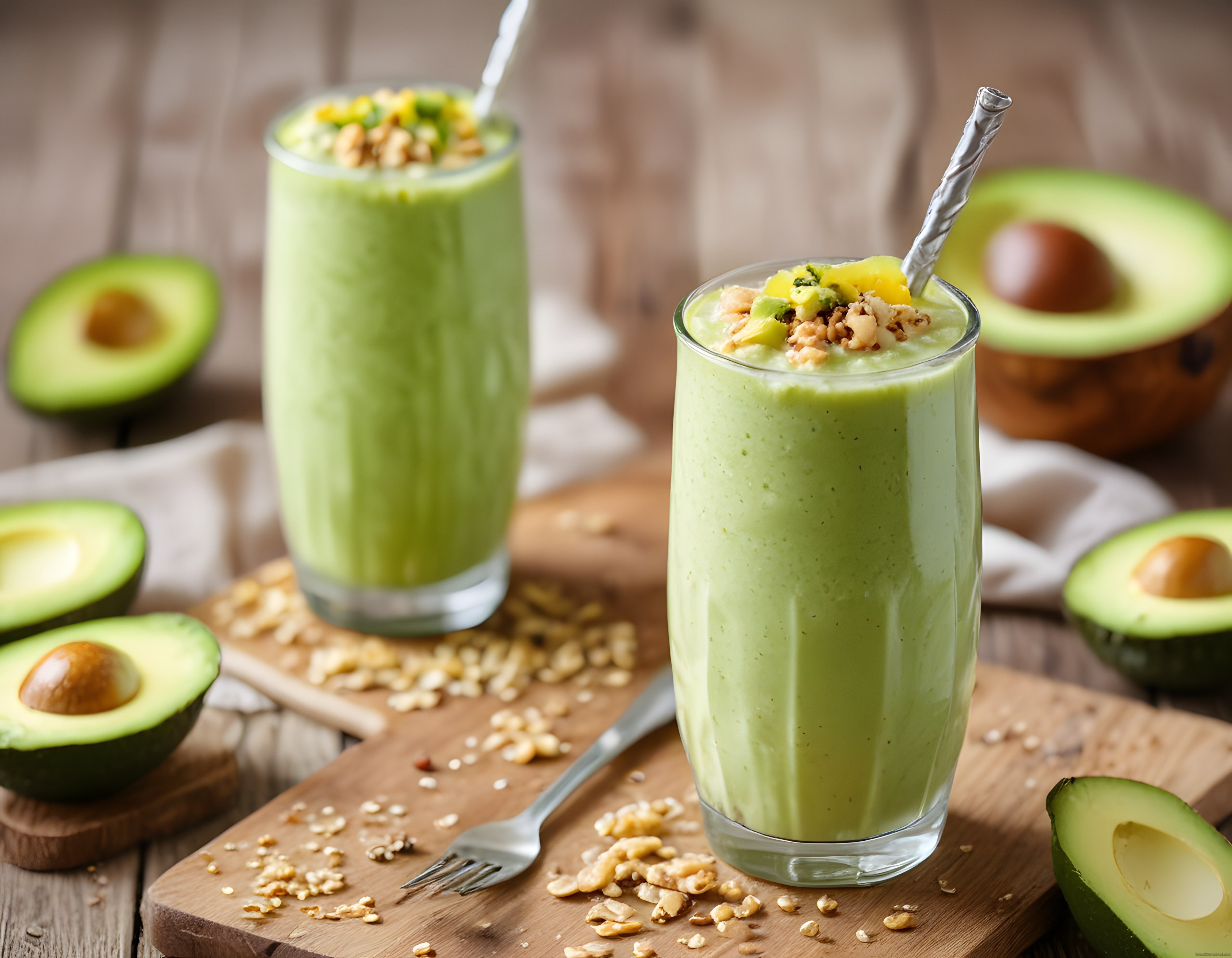 Ahşap Tahta Üzerinde Avokadolu Kuruyemişli Sağlıklı Yeşil Smoothie