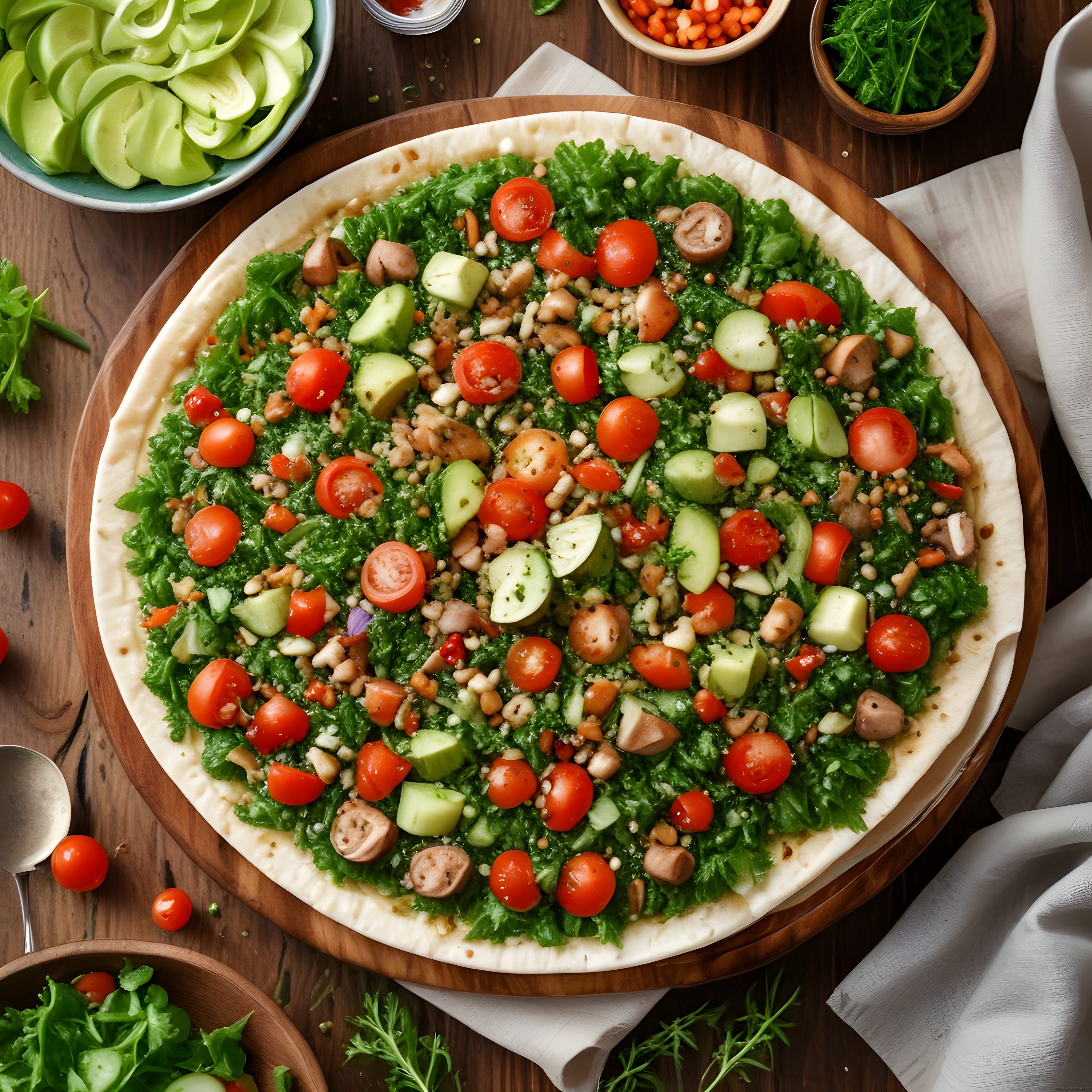 Ahşap Tahta Üzerinde Avokadolu ve Domatesli Ev Yapımı Pizzası