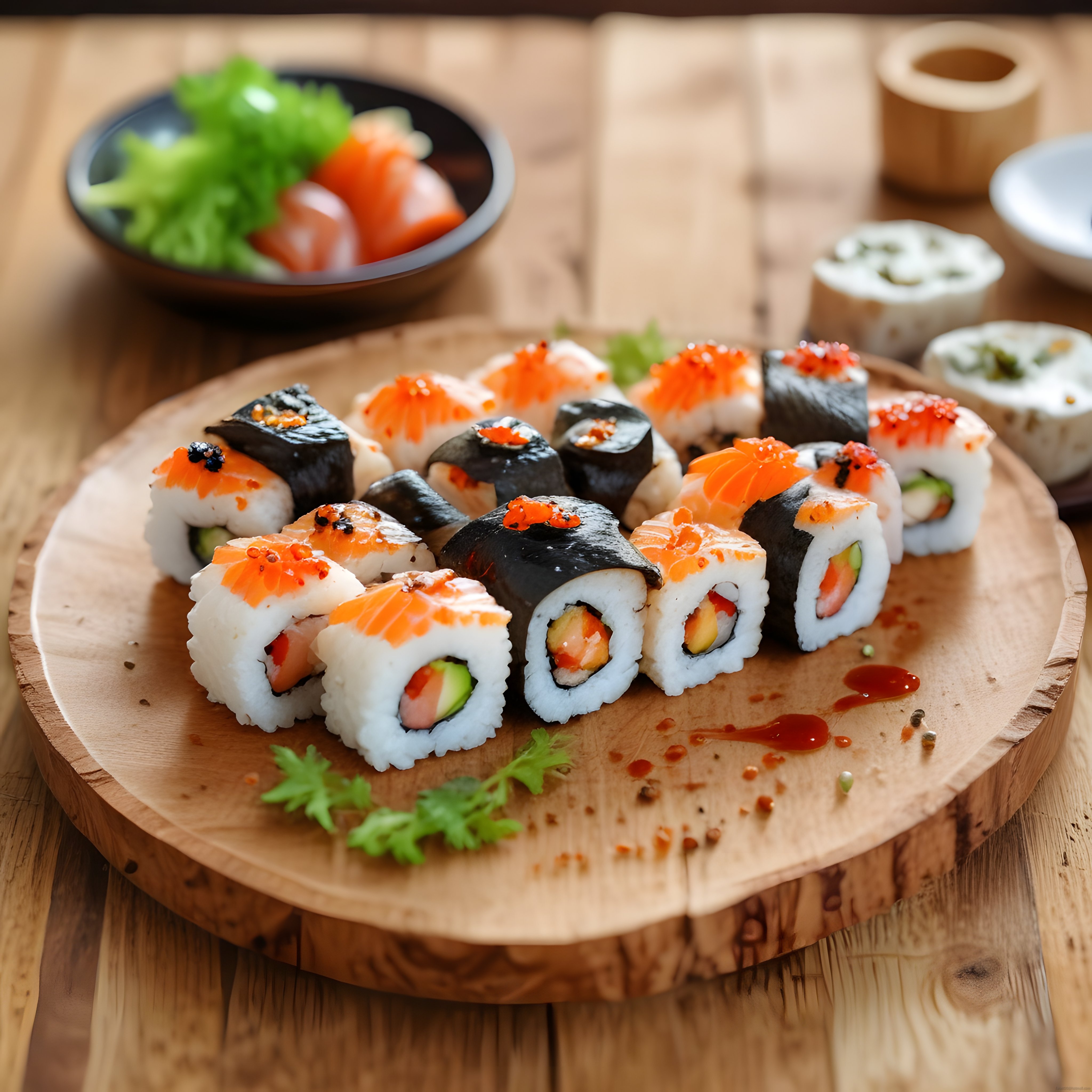 Ahşap Tahta Üzerinde Çeşitli Sushi Ruloları ve Kırmızı Havyar Süslemeleri