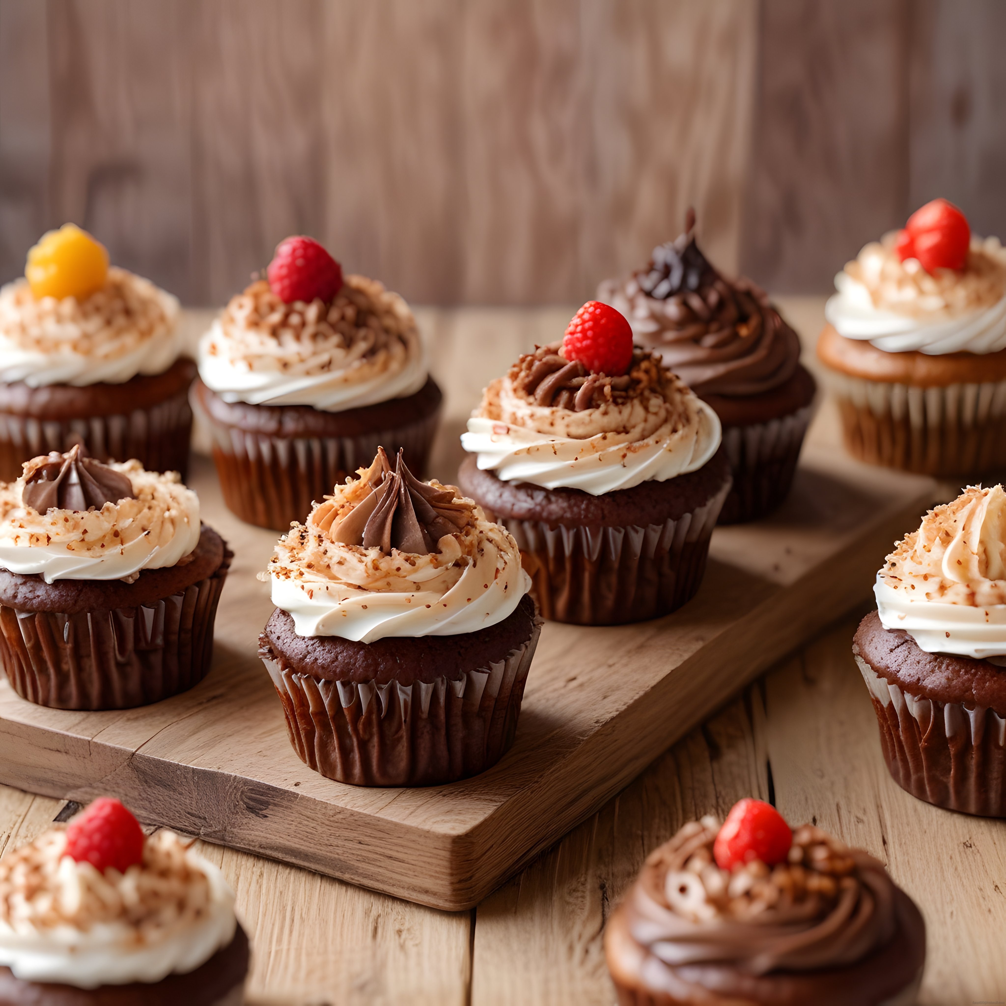 Ahşap tahta üzerinde çikolatalı cupcake'ler ve taze meyve süslemeleri