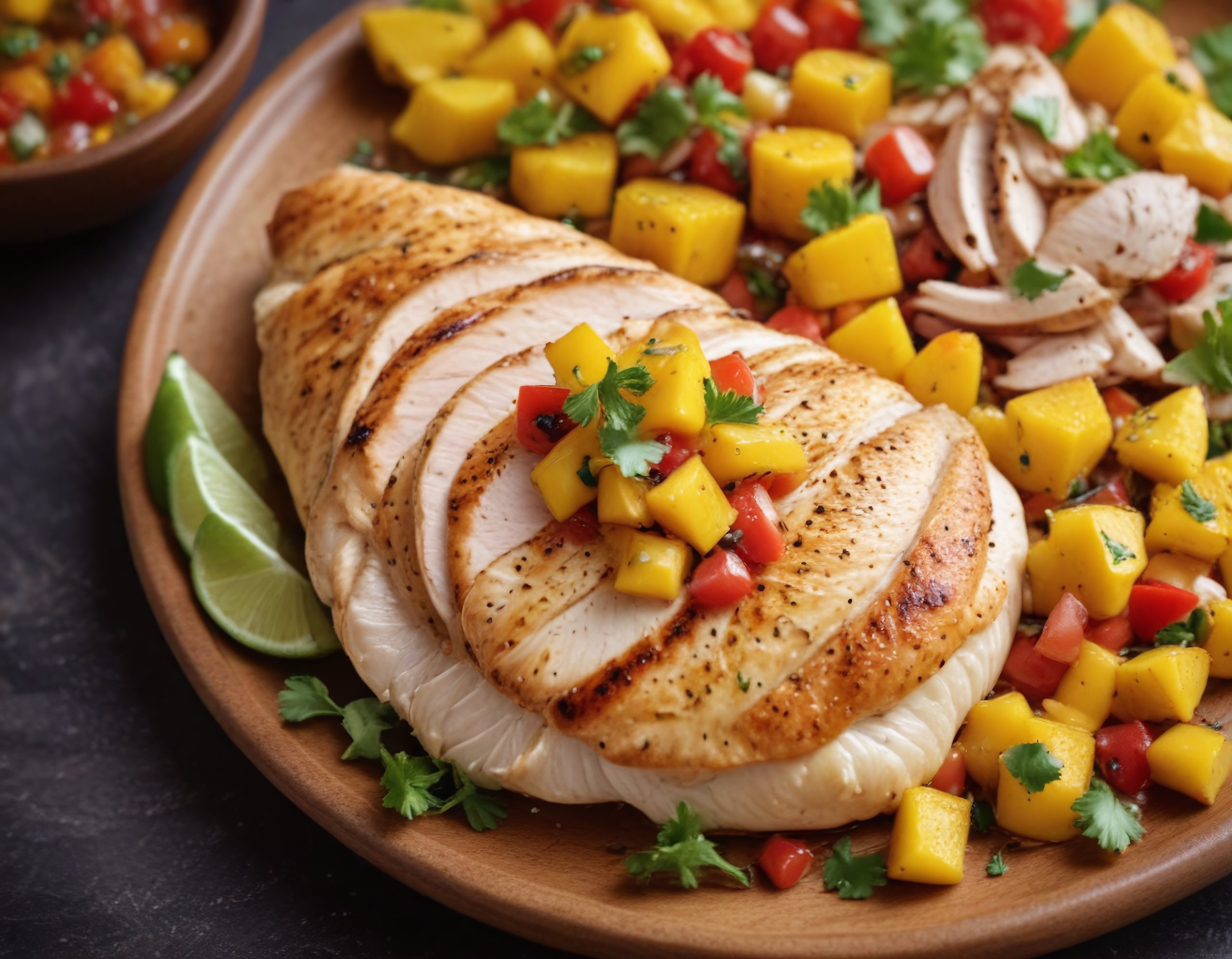 Ahşap tahta üzerinde dilimlenmiş ızgara tavuk göğsü ve taze mango salsa sunumu