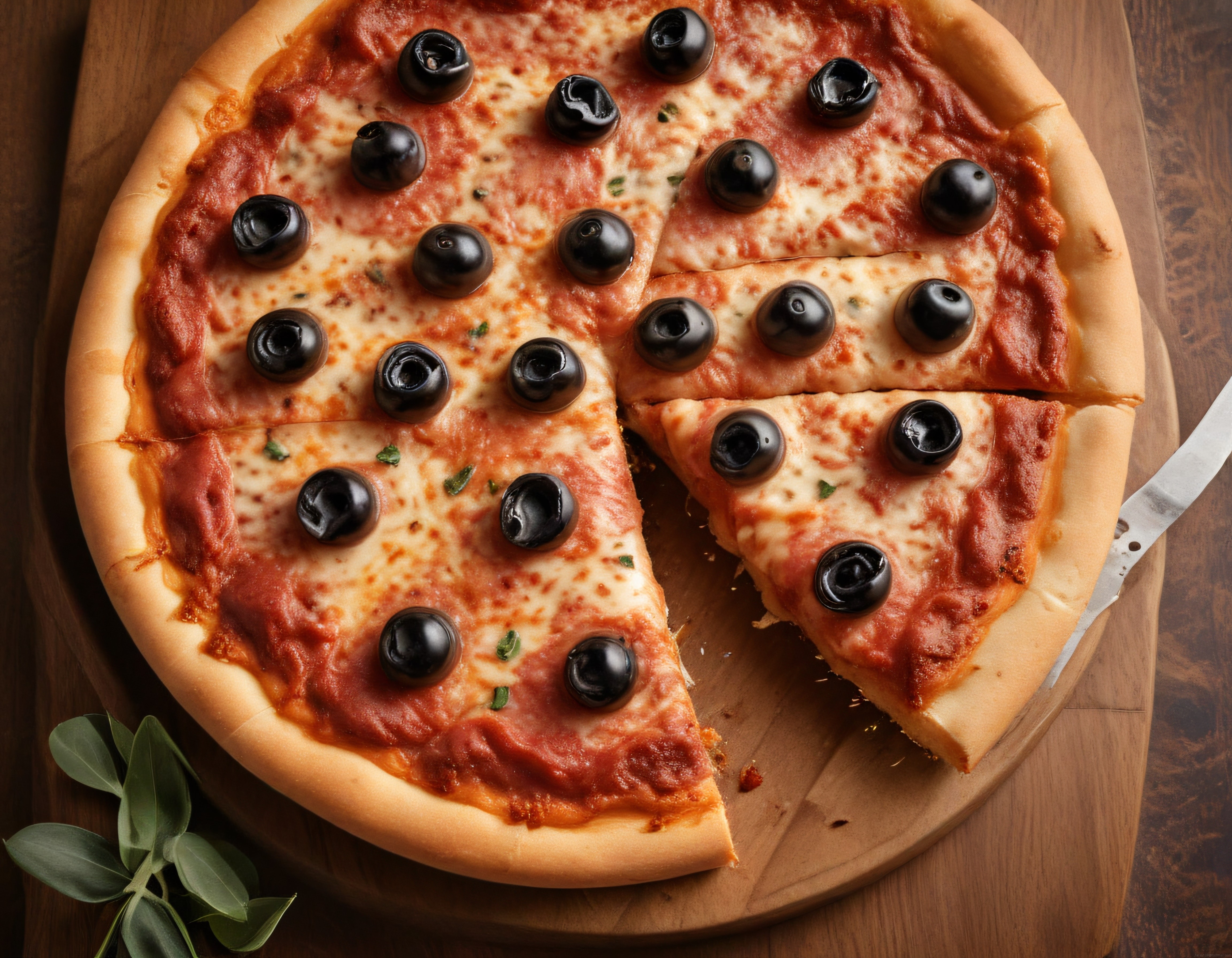 Ahşap Tahta Üzerinde Dilimlenmiş Siyah Zeytinli ve Kaşarlı Pizza