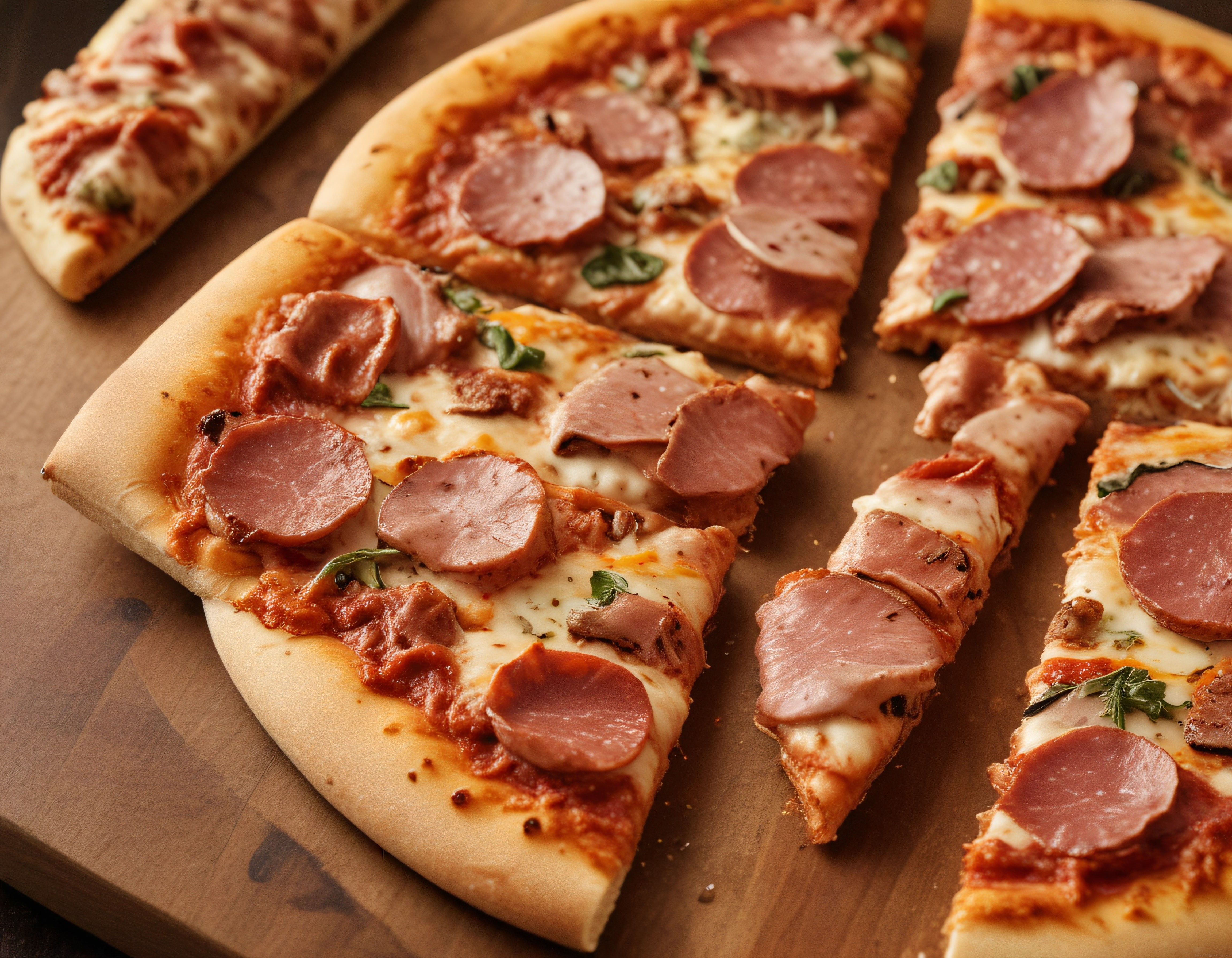 Ahşap Tahta Üzerinde Dilimlenmiş Sucuklu ve Jambonlu Pizza Görseli