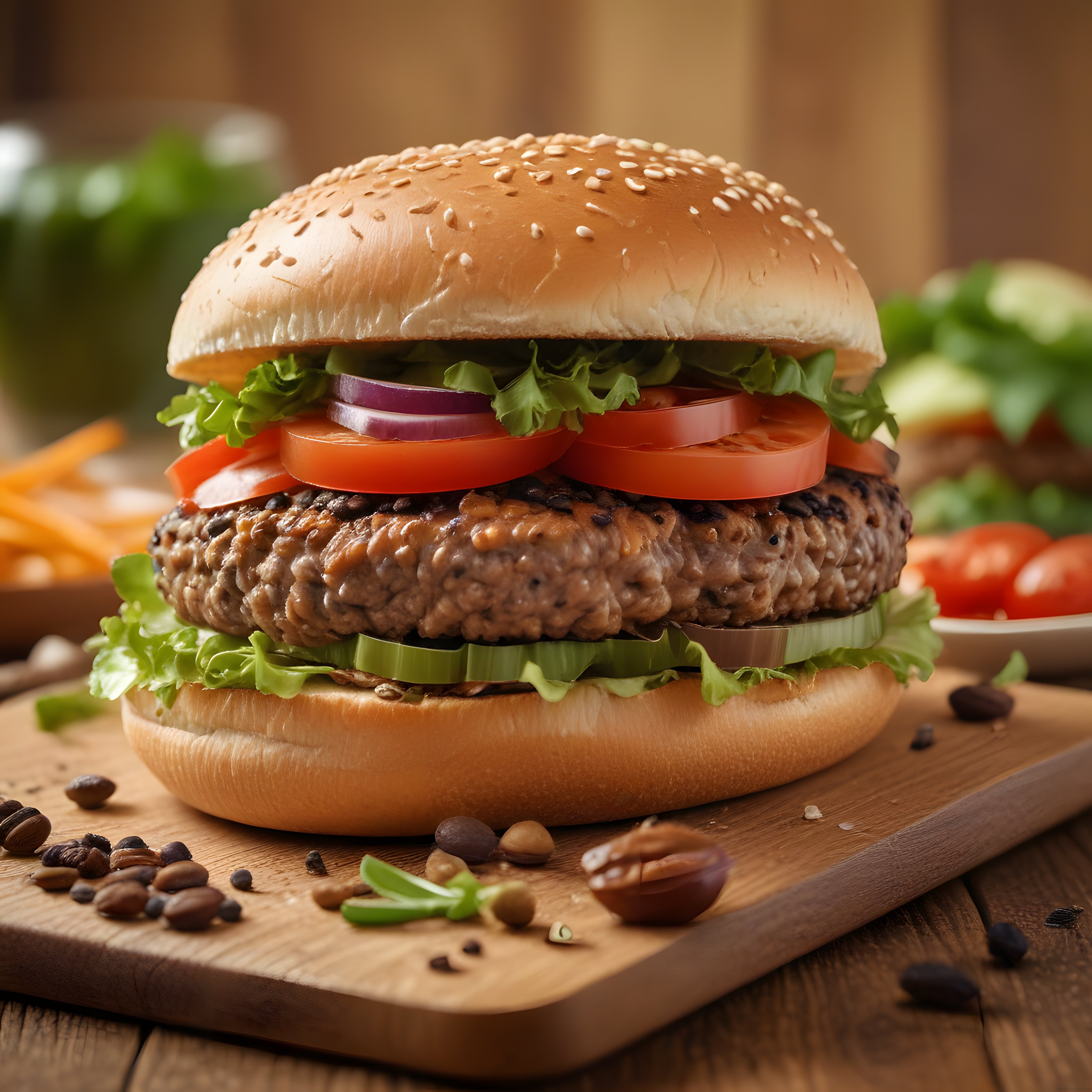 Ahşap Tahta Üzerinde Efsanevi İri Köfteli Hamburger ve Kızartma