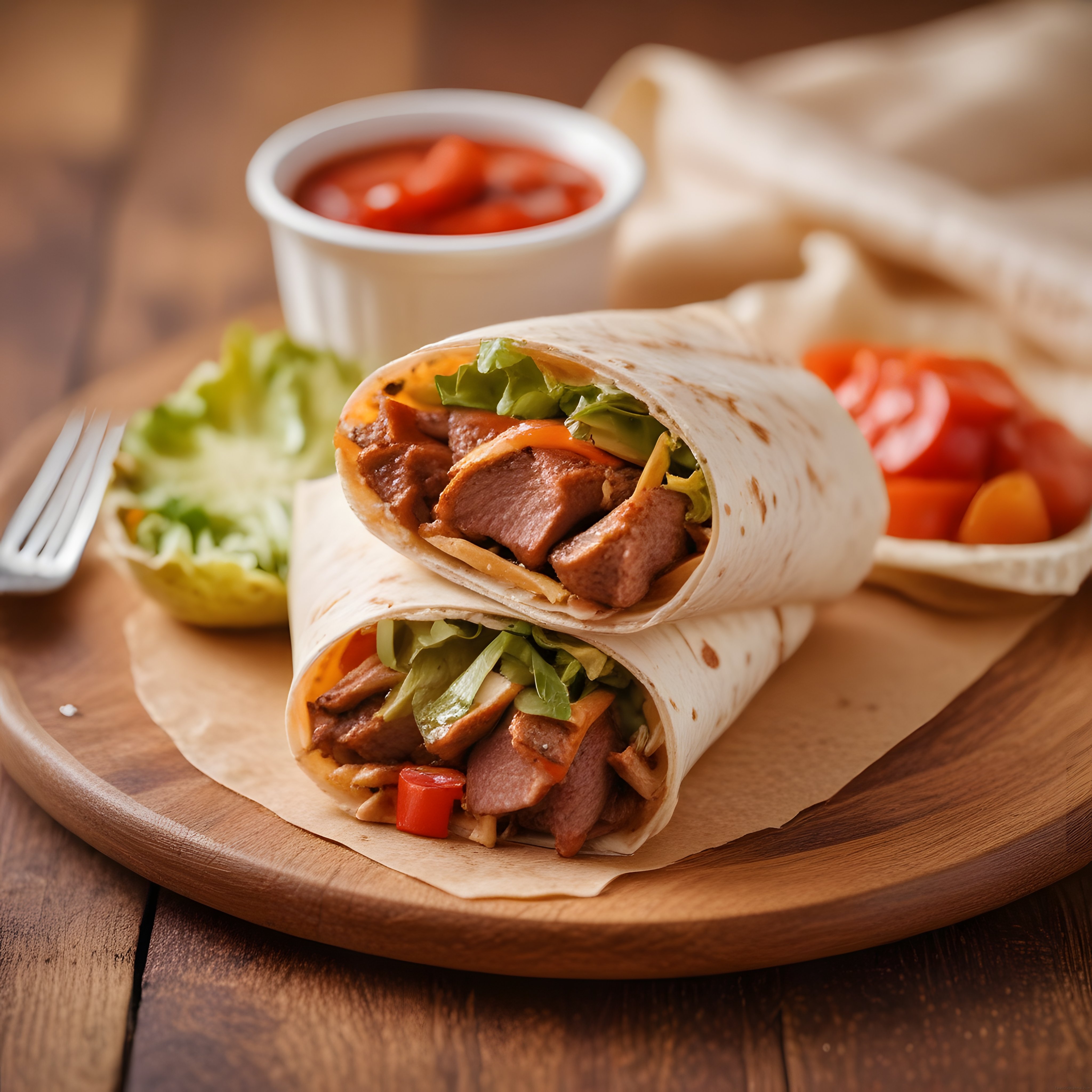 Ahşap Tahta Üzerinde Etli Sebzeli Wrap ve Taze Salata ile Lezzetli Sunum