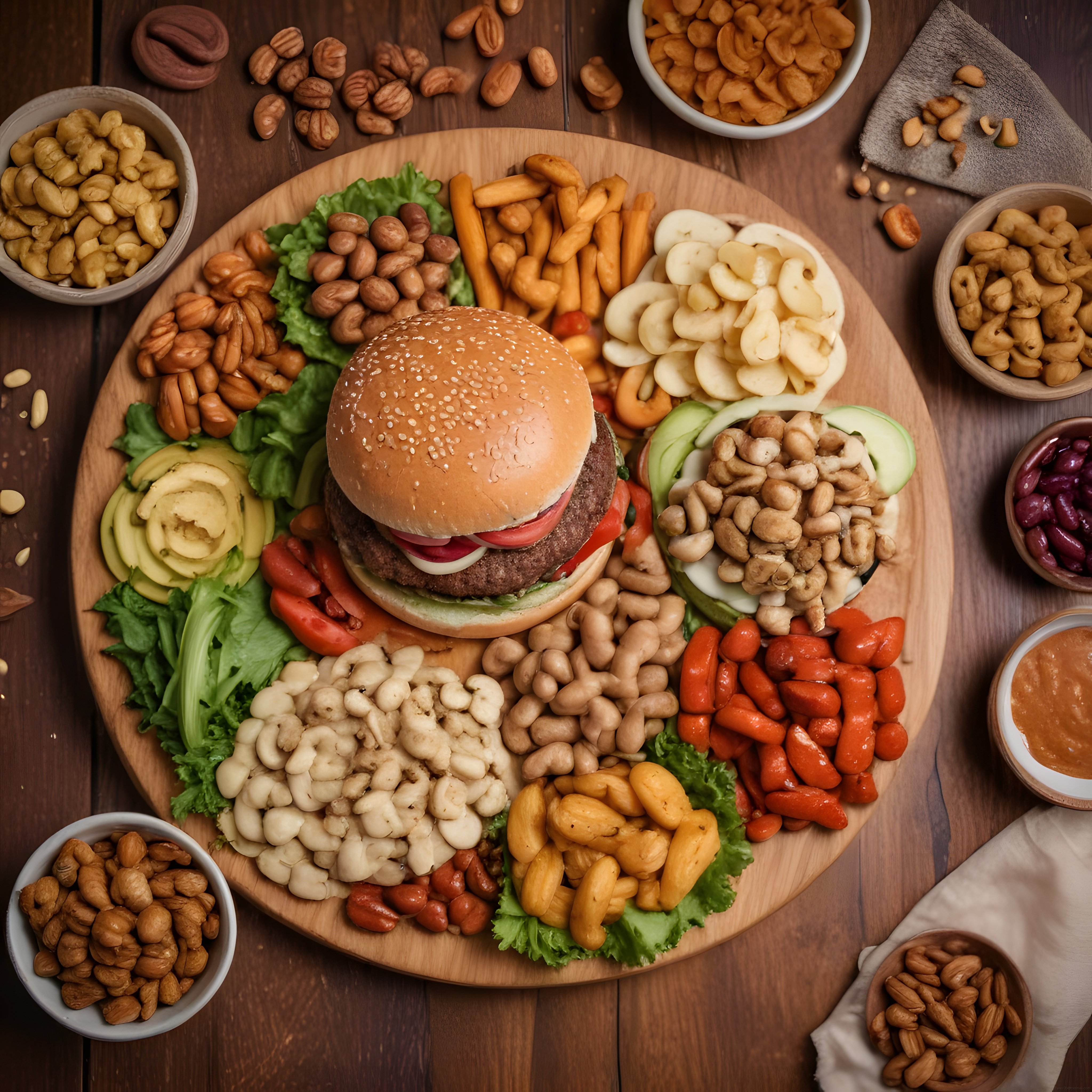Ahşap Tahta Üzerinde Hamburger ve Kuruyemişli Atıştırmalık Çeşitleri