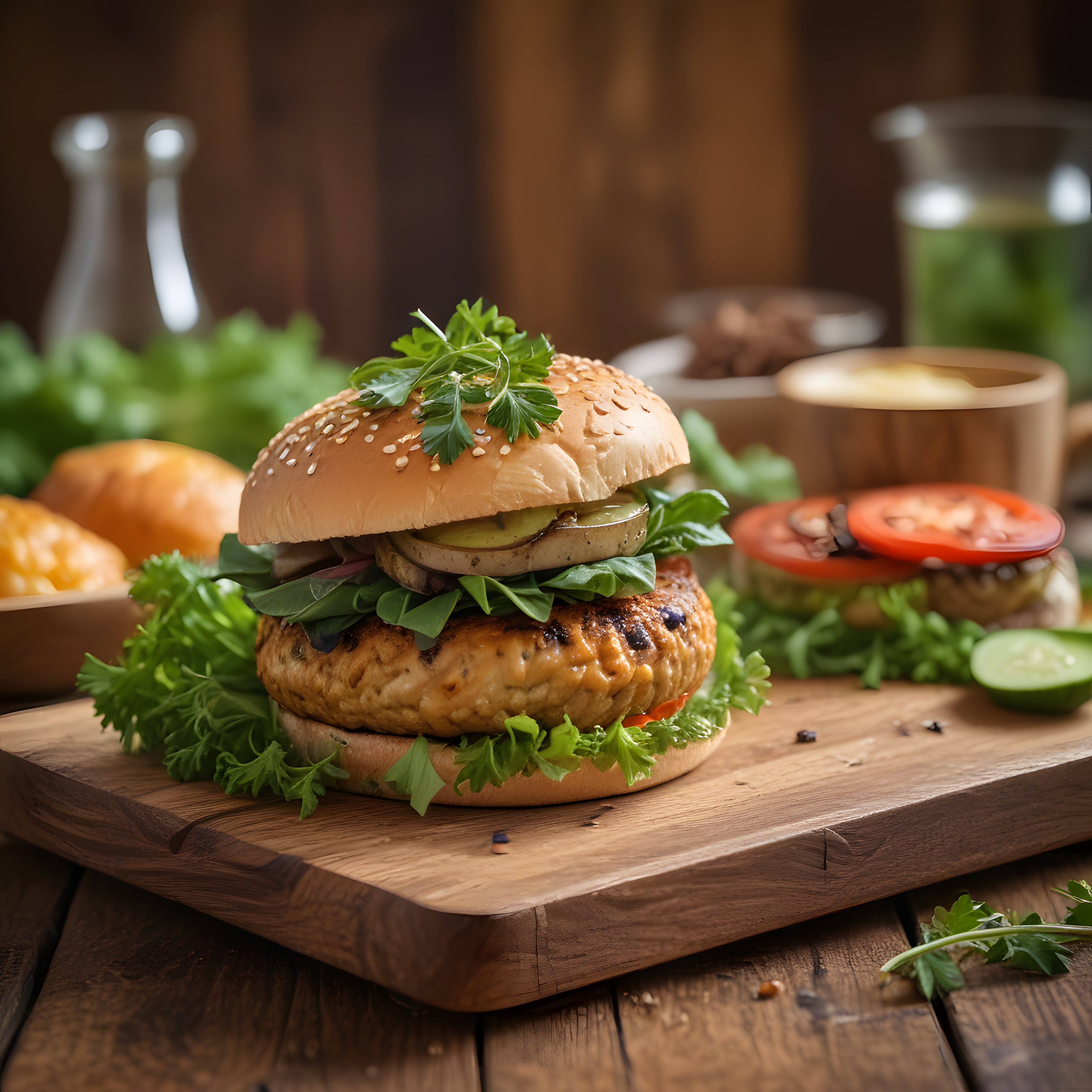 Ahşap Tahta Üzerinde Izgara Köfteli ve Yeşillikli Ev Yapımı Hamburger