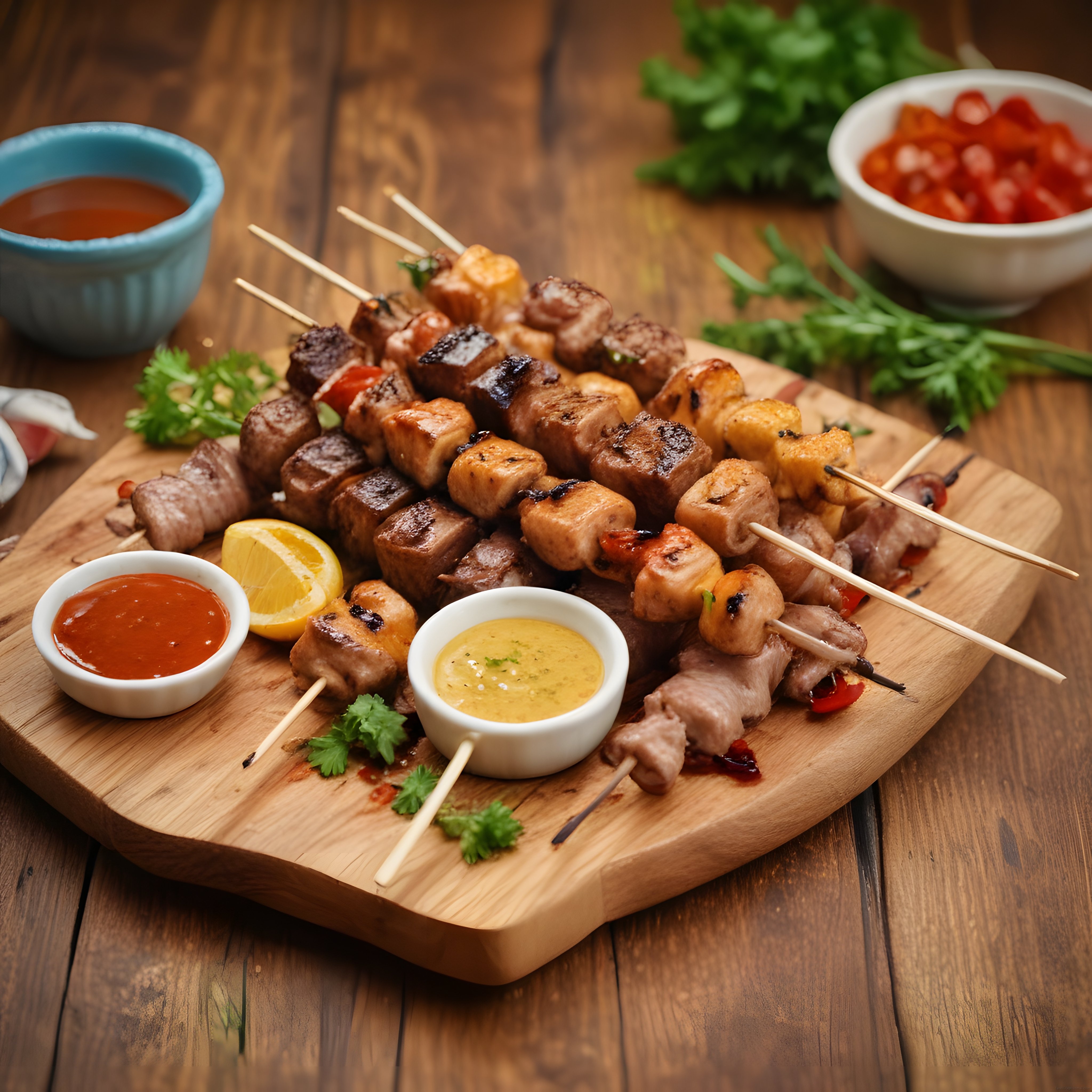 Ahşap Tahta Üzerinde Karışık Izgara Şiş Kebap Çeşitleri ve Soslar