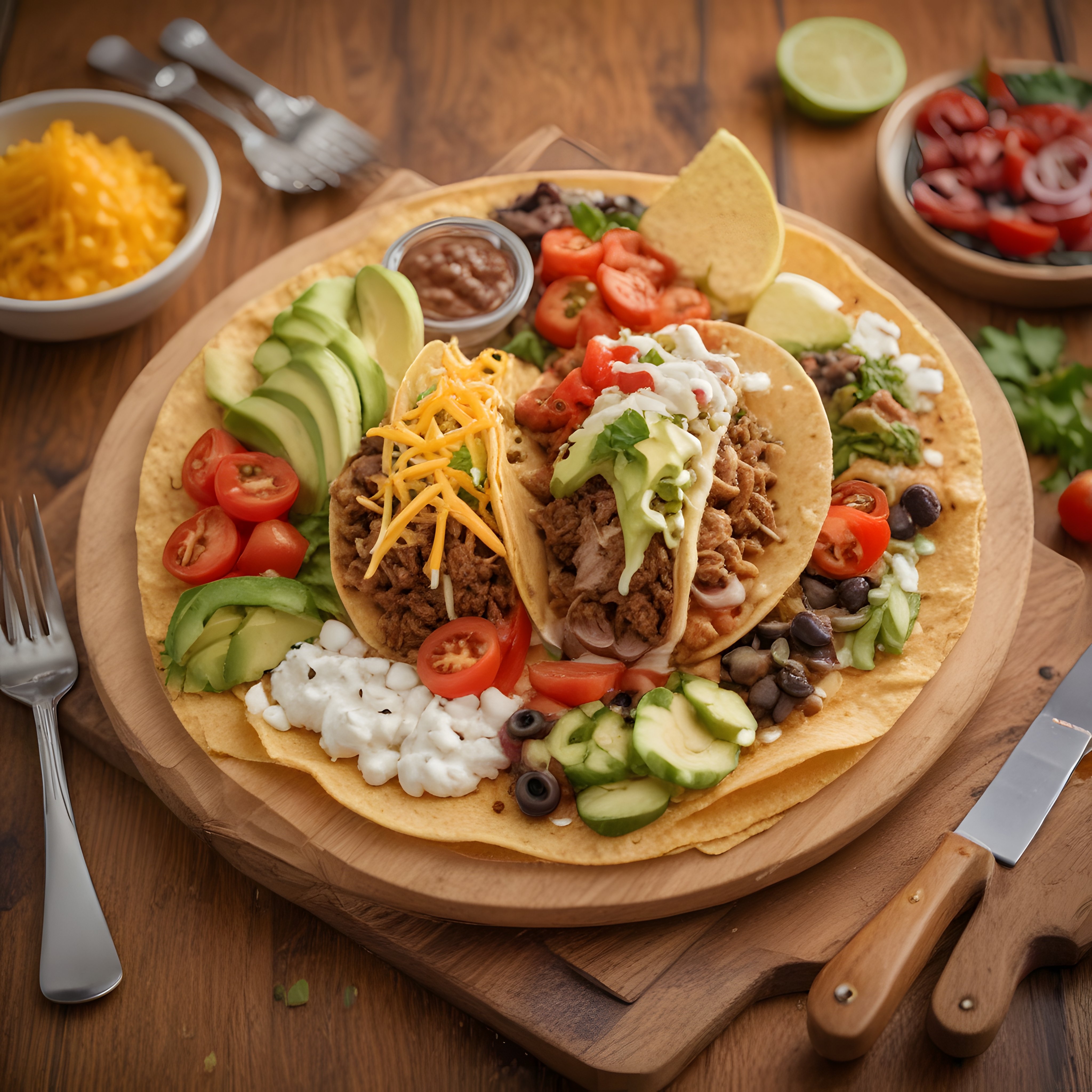 Ahşap Tahta Üzerinde Meksika Lezzeti Taco ve Taze Sebze ile Renkli Sunum