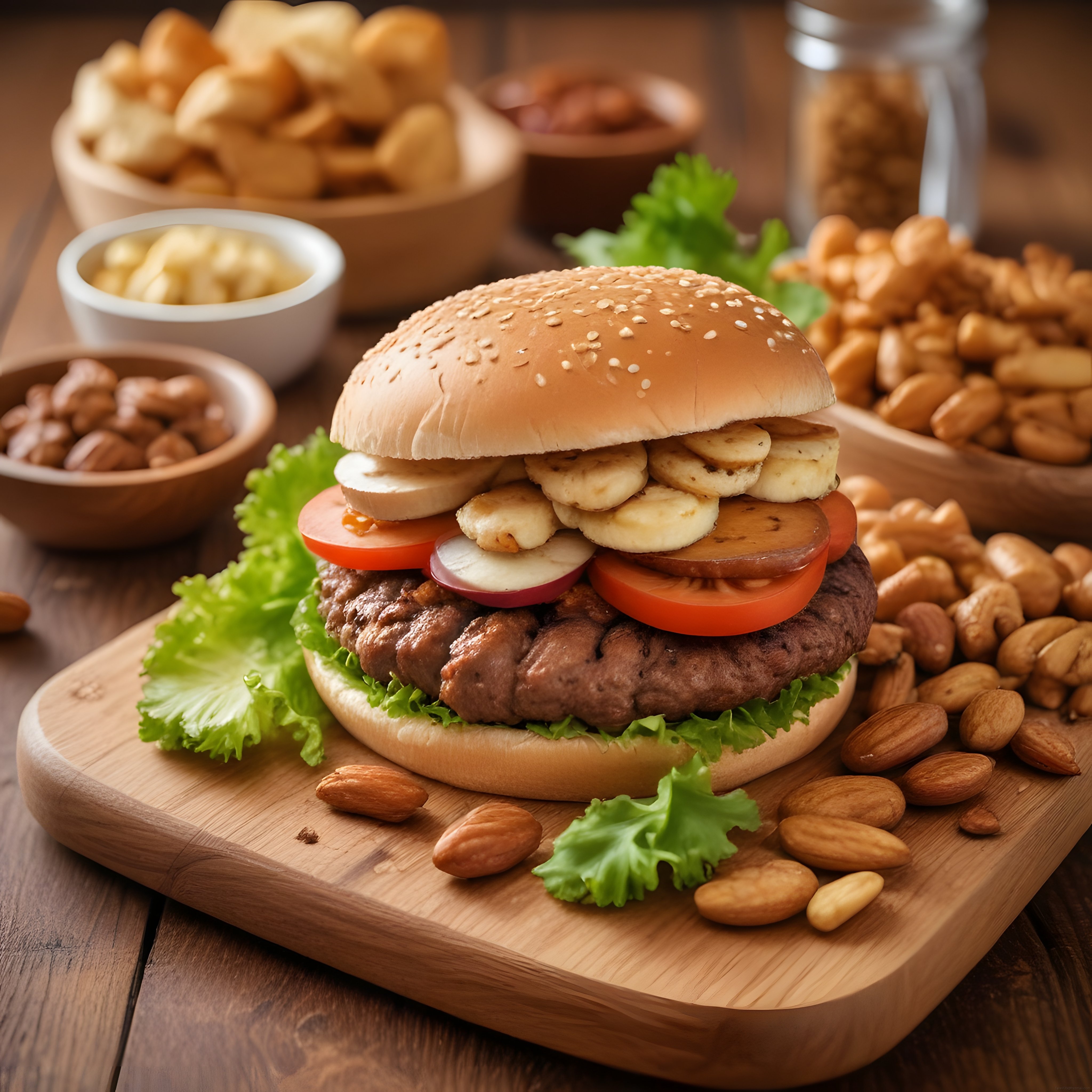 Ahşap Tahta Üzerinde Muz Dilimli Gourmet Burger ve Kuruyemiş Çeşitleri