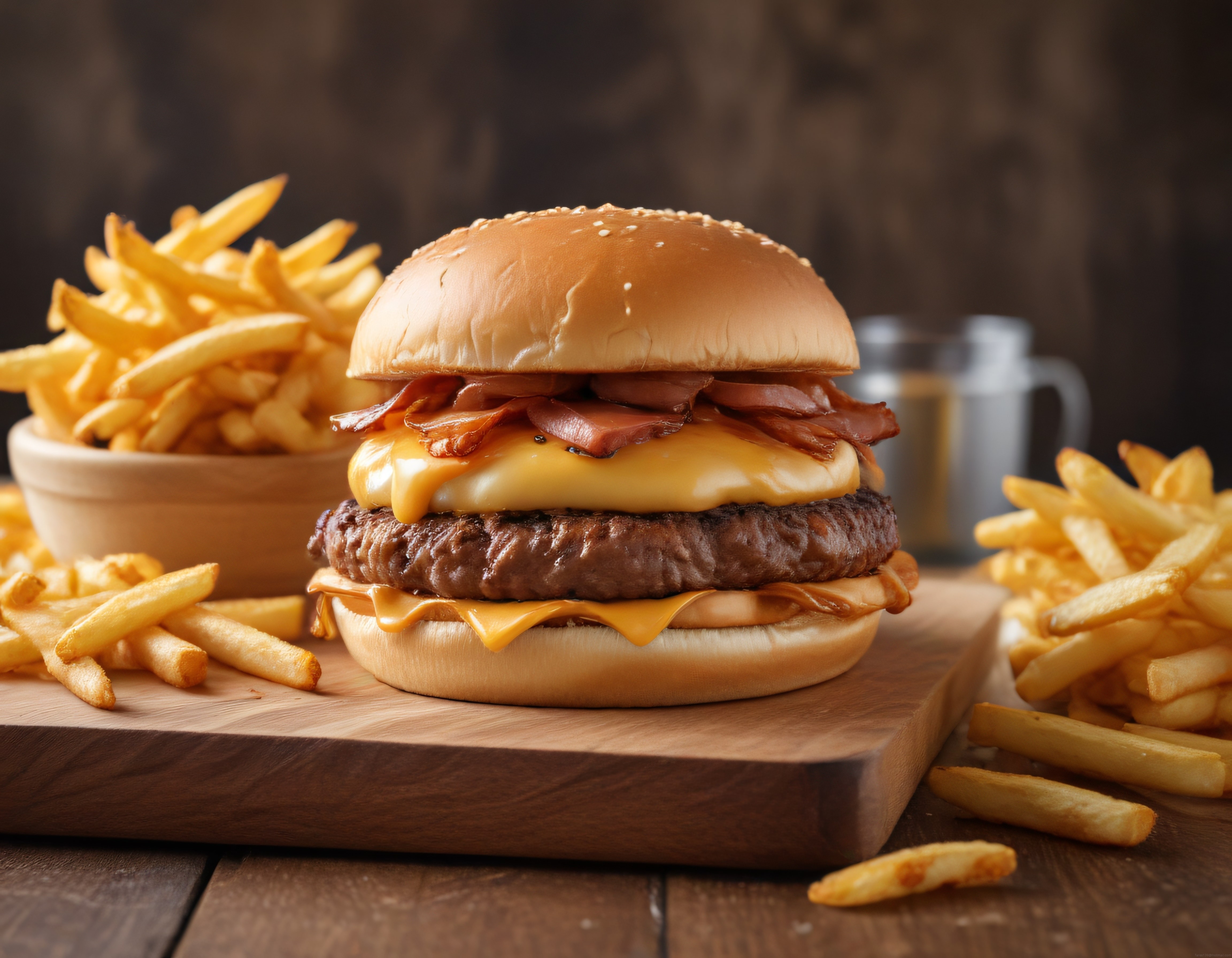 Ahşap tahta üzerinde nefis peynirli hamburger ve çıtır patates kızartması