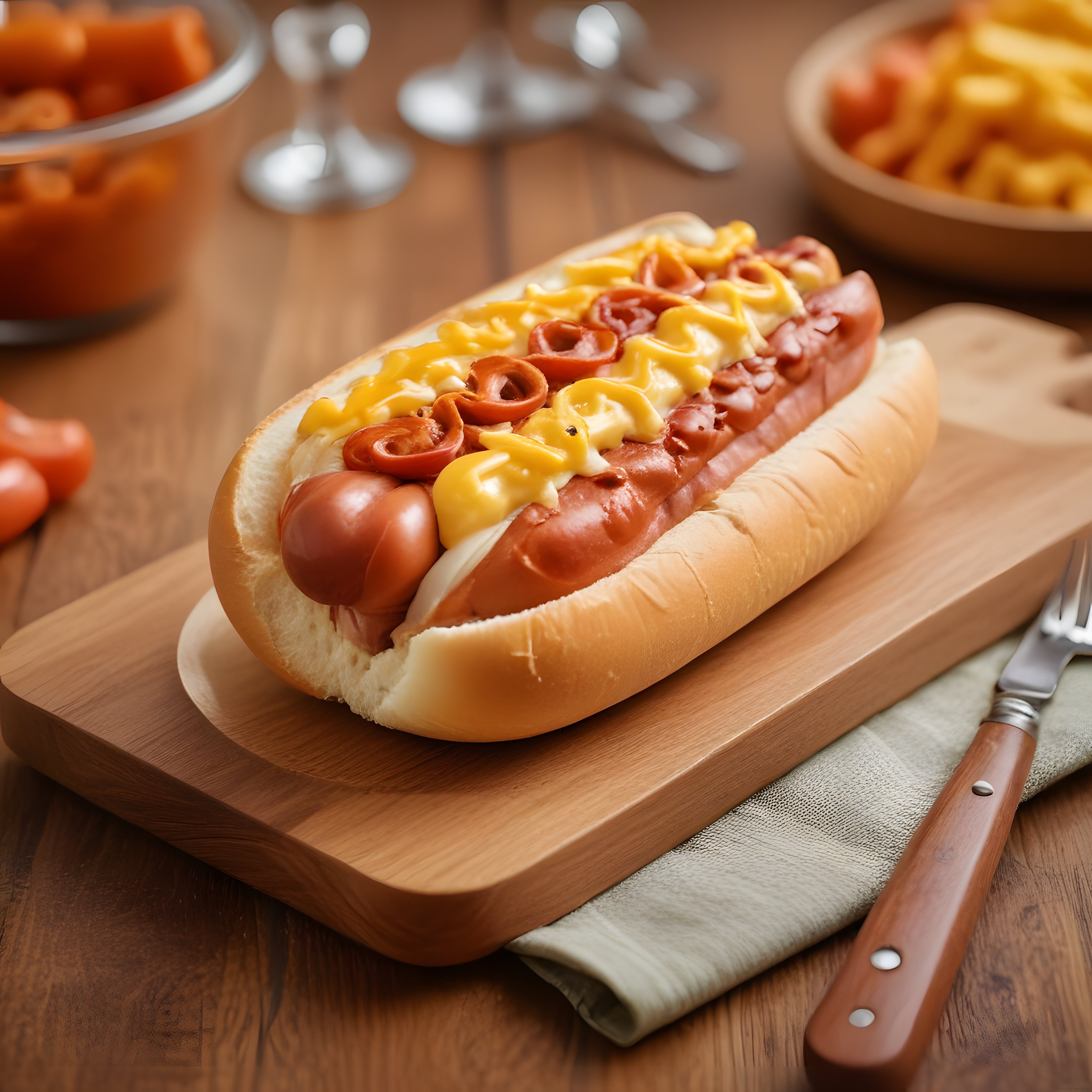 Ahşap Tahta Üzerinde Özel Soslar ve Kurutulmuş Domatesli Lezzetli Hot Dog