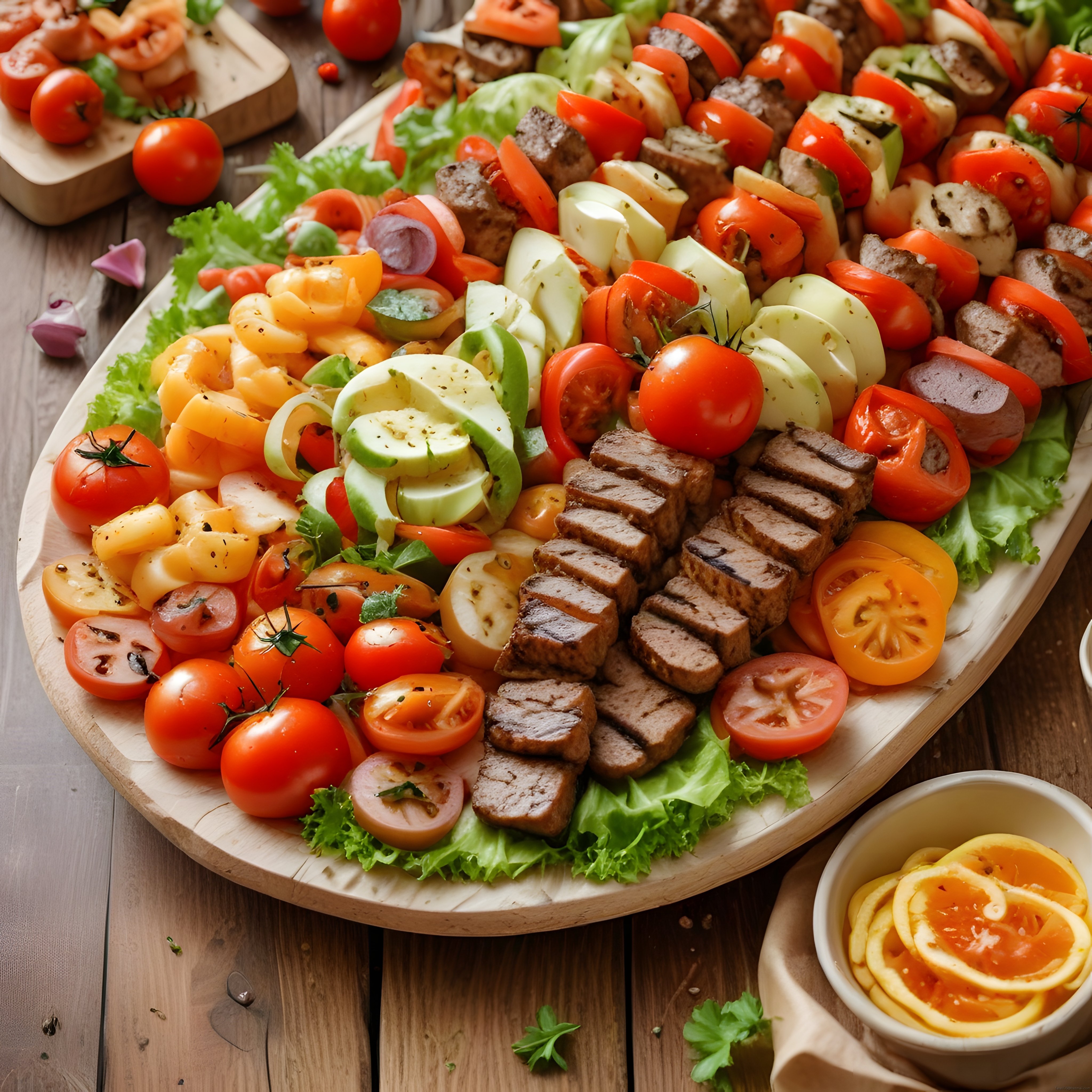Ahşap Tahta Üzerinde Renkli Izgara Et ve Sebze Şiş Kebap Sunumu