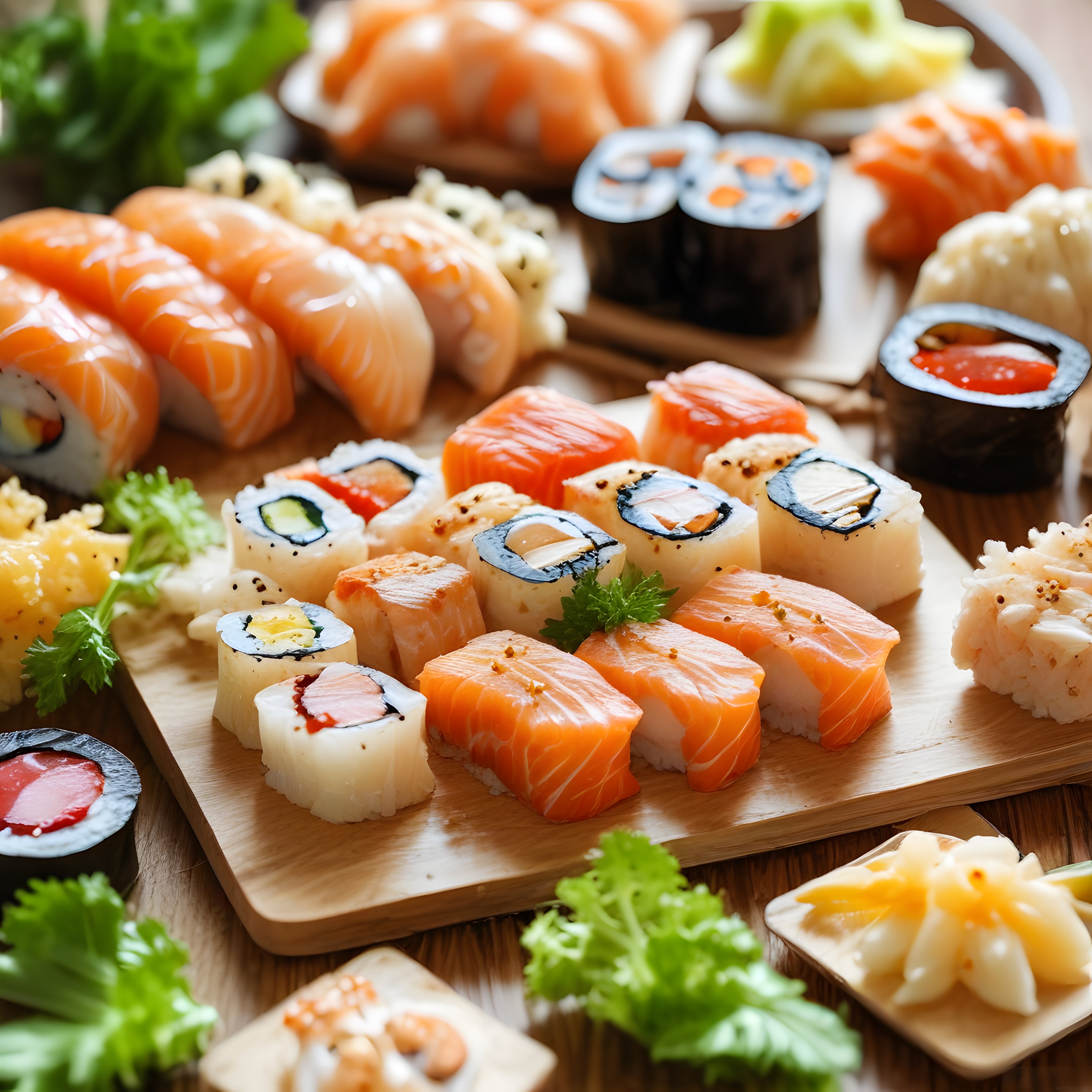 Ahşap tahta üzerinde renkli sushi çeşitleri: somon, nigiri ve makiler
