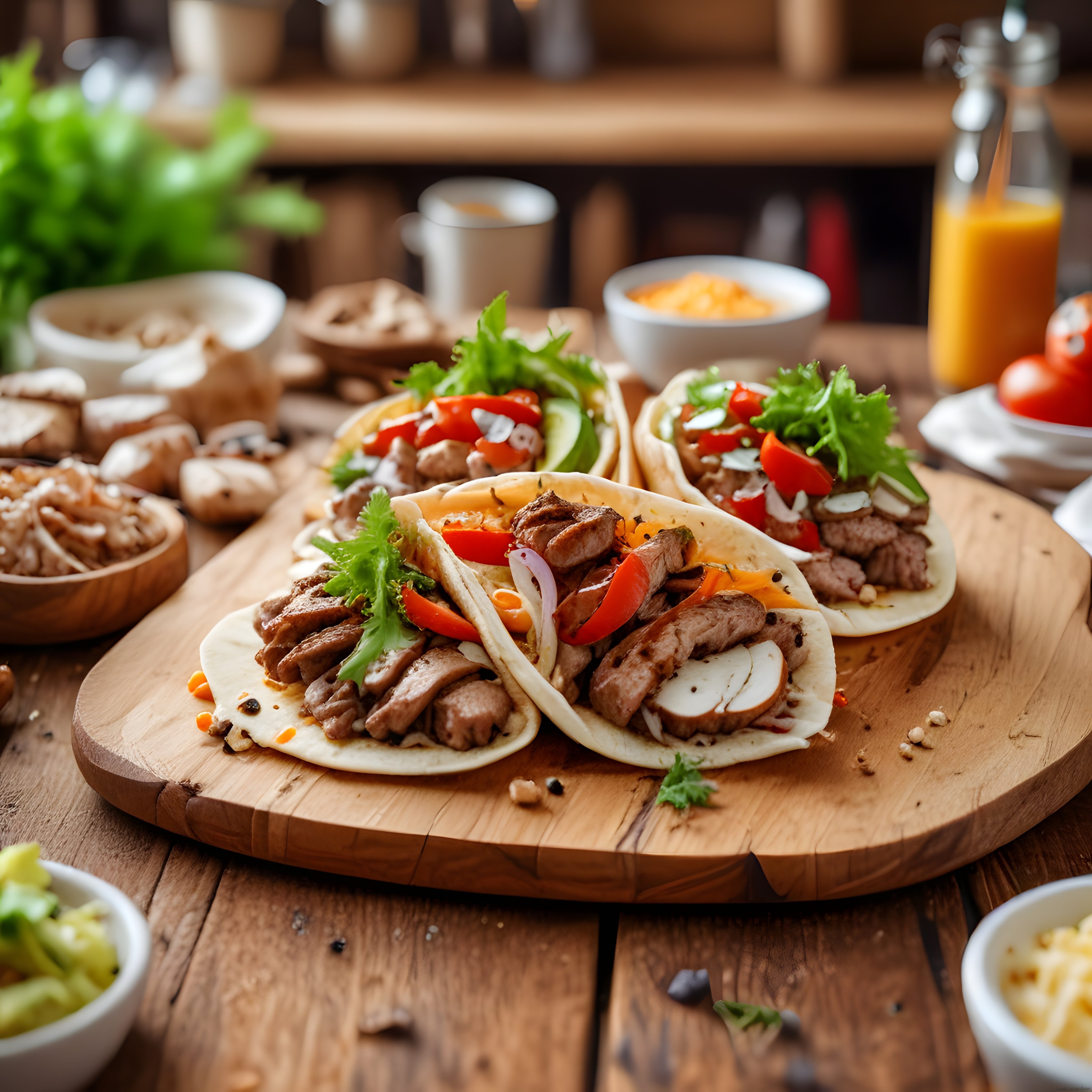 Ahşap Tahta Üzerinde Sebzeli Et Tacos ve Yan Lezzetler Sunum Görüntüsü