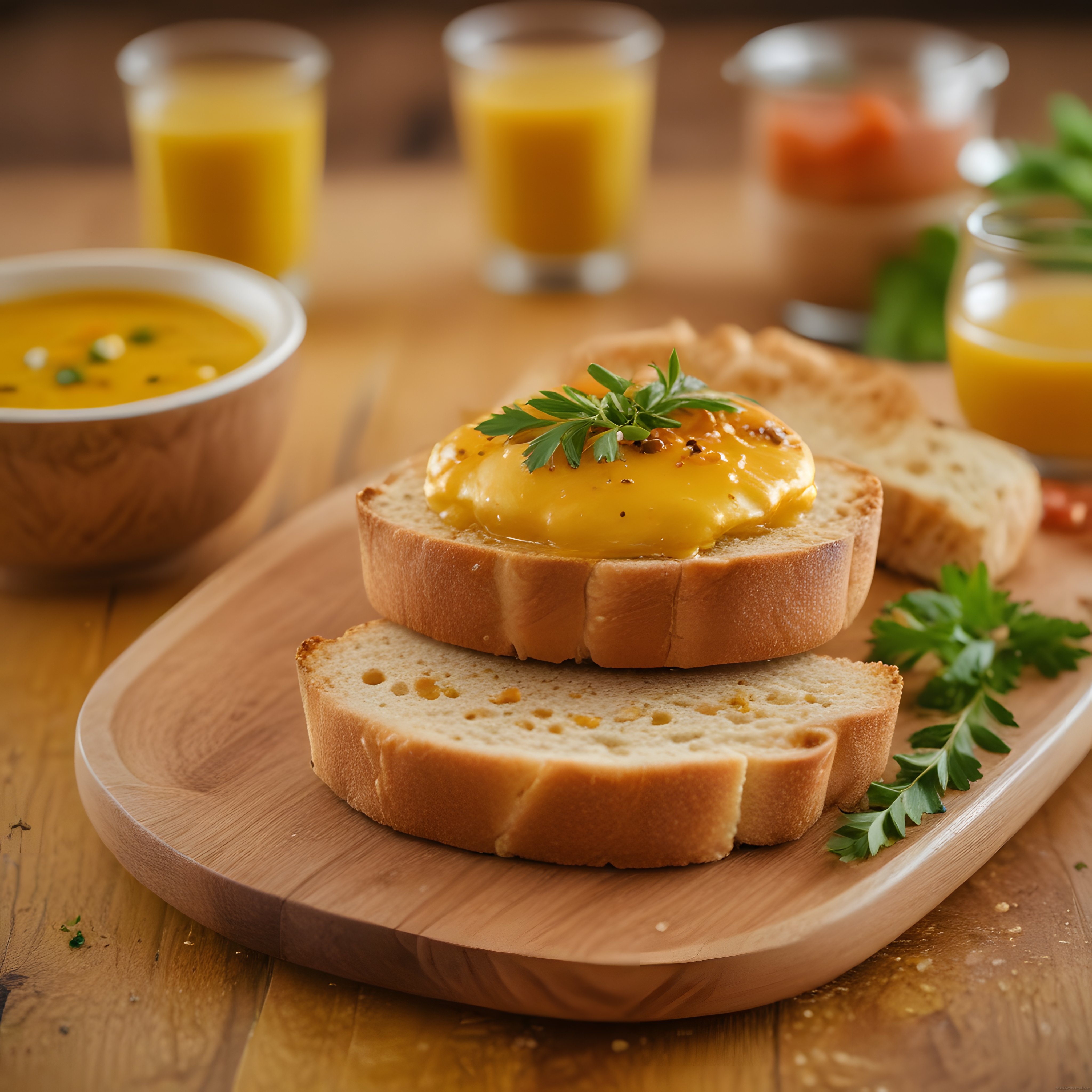 Ahşap Tahta Üzerinde Servis Edilmiş Yumurtalı Ekmek ve Sıcak Çorba Kahvaltısı