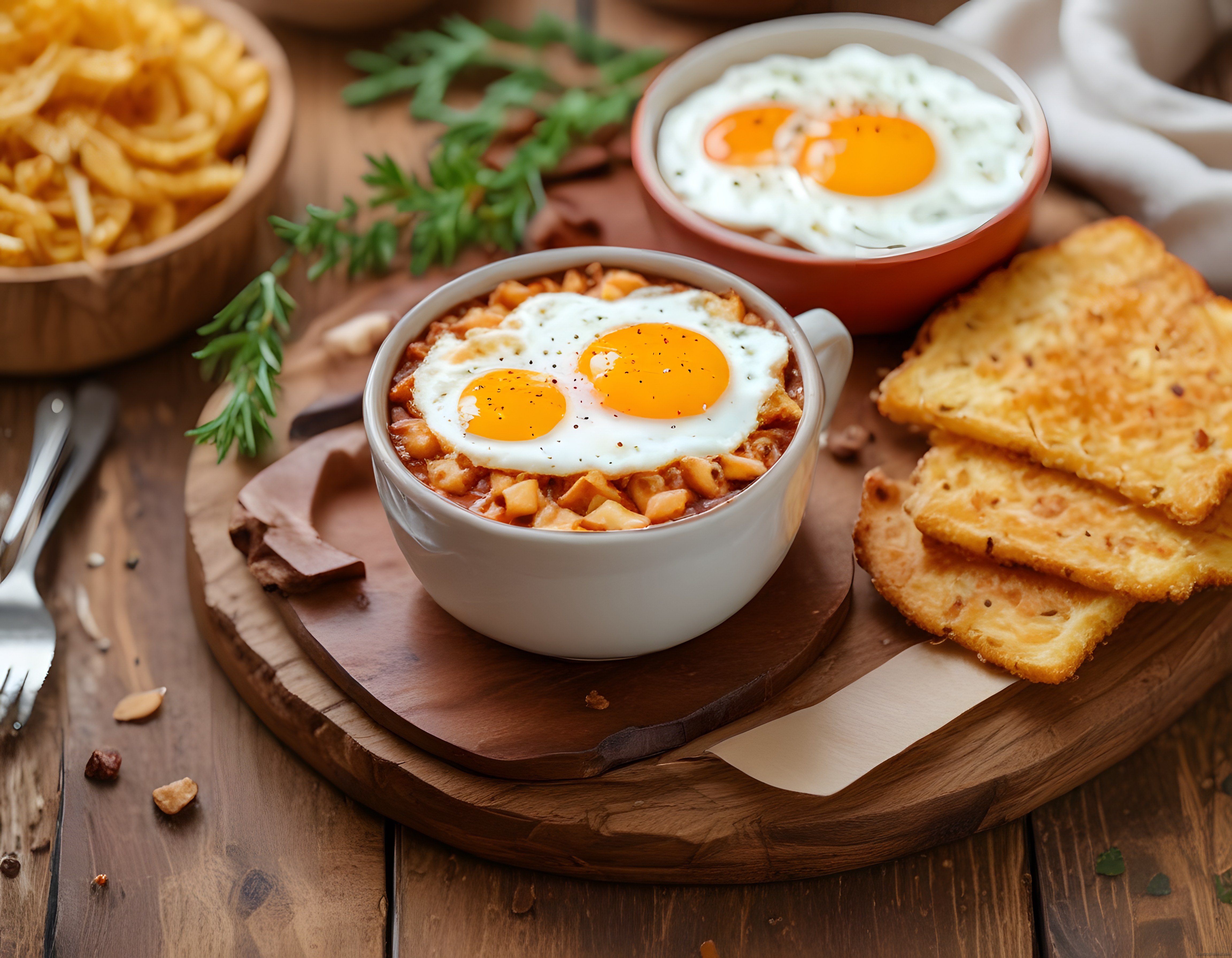 Ahşap Tahta Üzerinde Sıcak Kahvaltı: Fırınlanmış Yumurta ve Hash Brown Tabağı