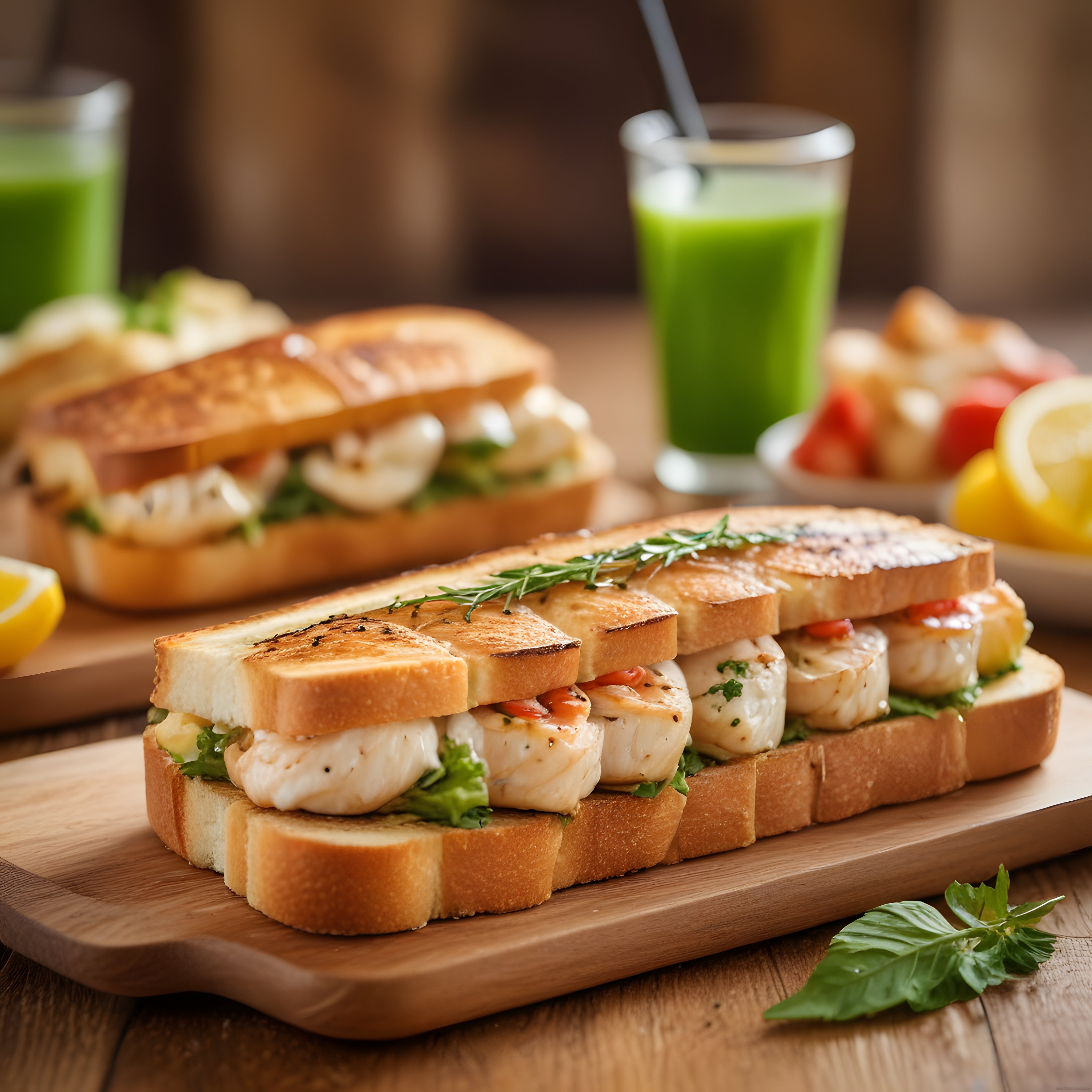 Ahşap Tahta Üzerinde Sıcak Karides Tostu ve Taze Yeşil Smoothie