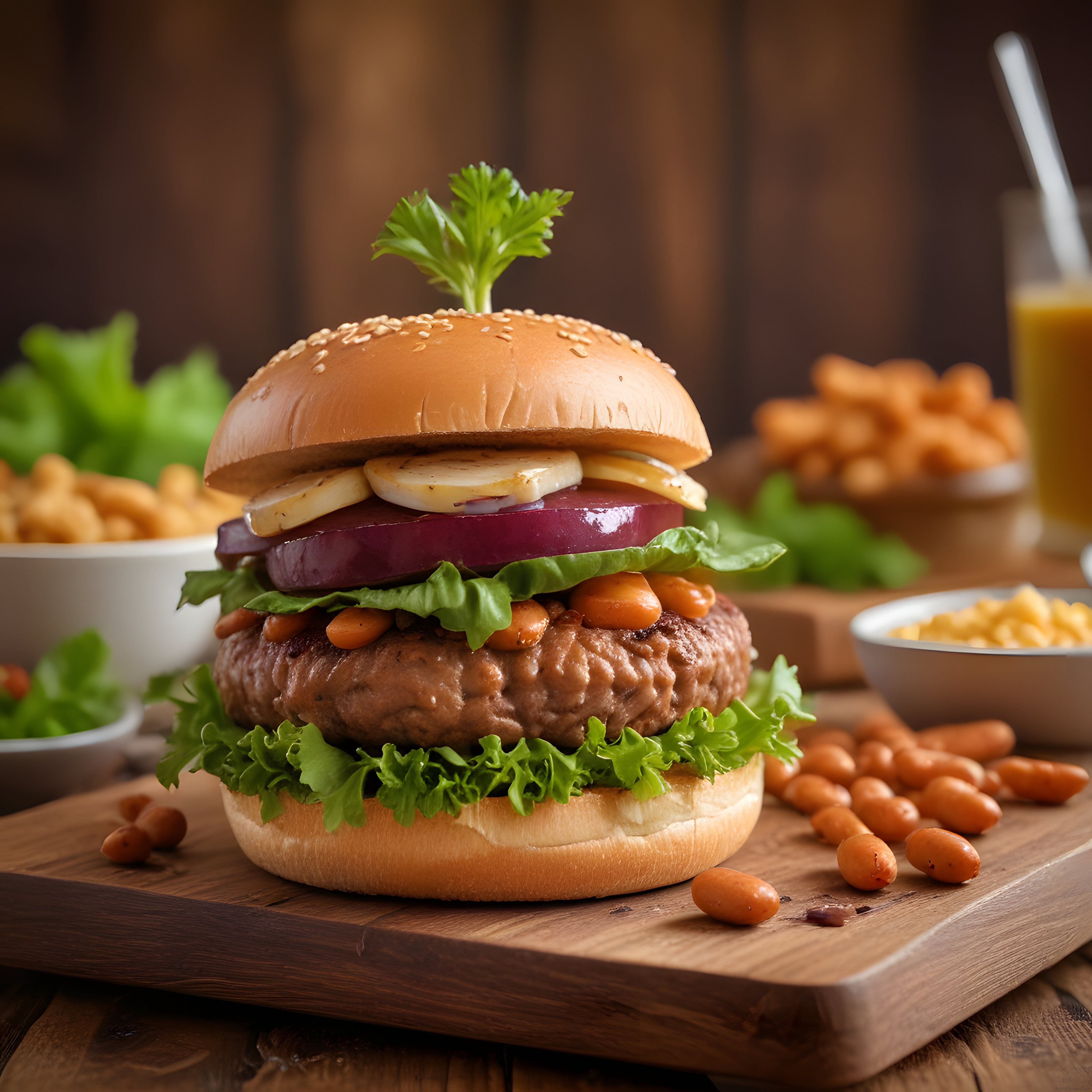 Ahşap Tahta Üzerinde Susamlı Gurme Hamburger ve Kızarmış Patates Sunumu