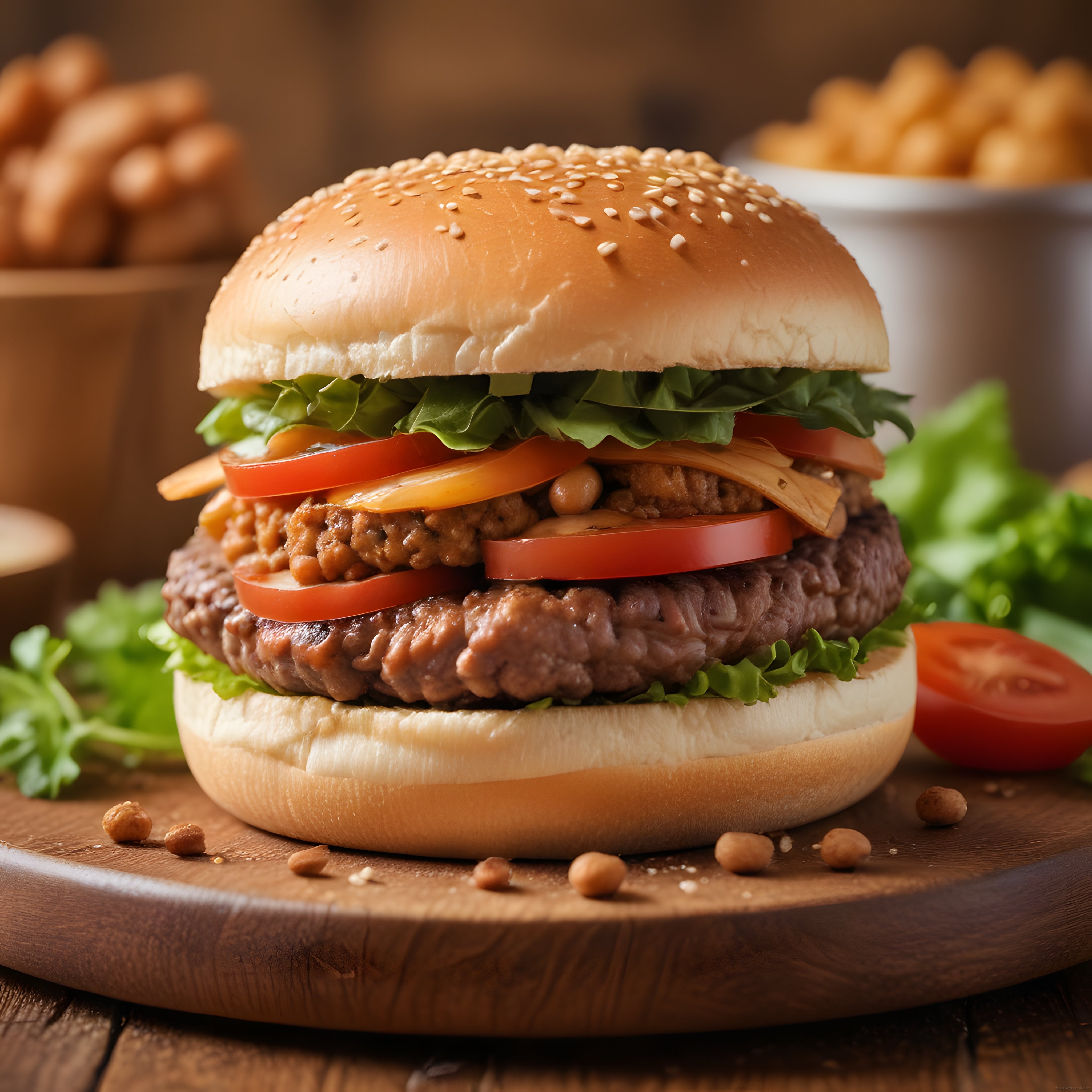 Ahşap Tahta Üzerinde Susamlı Hamburger ve Oluklu Patates Kızartması