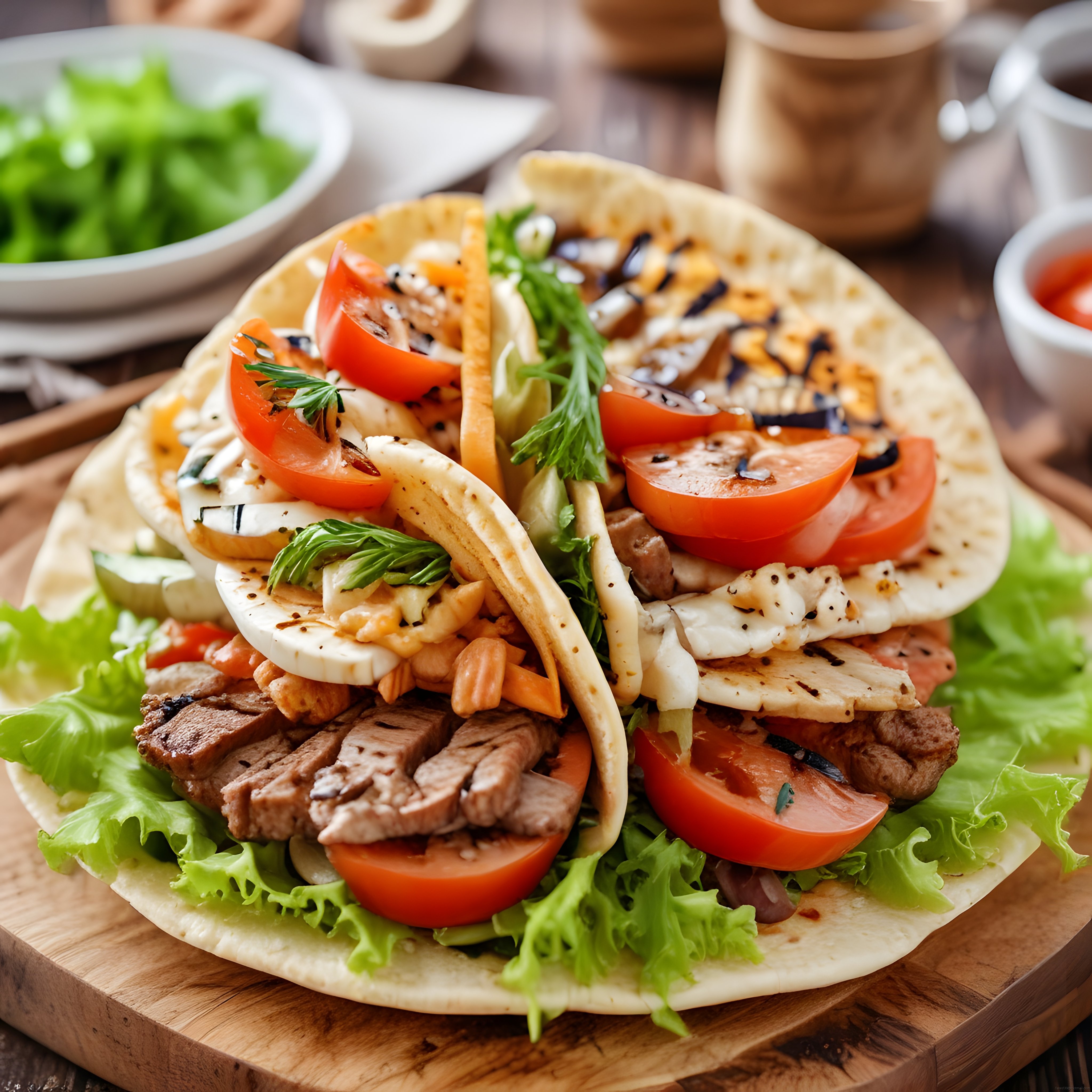Ahşap Tahta Üzerinde Taze Sebzeli ve Izgara Etli Ev Yapımı Taco